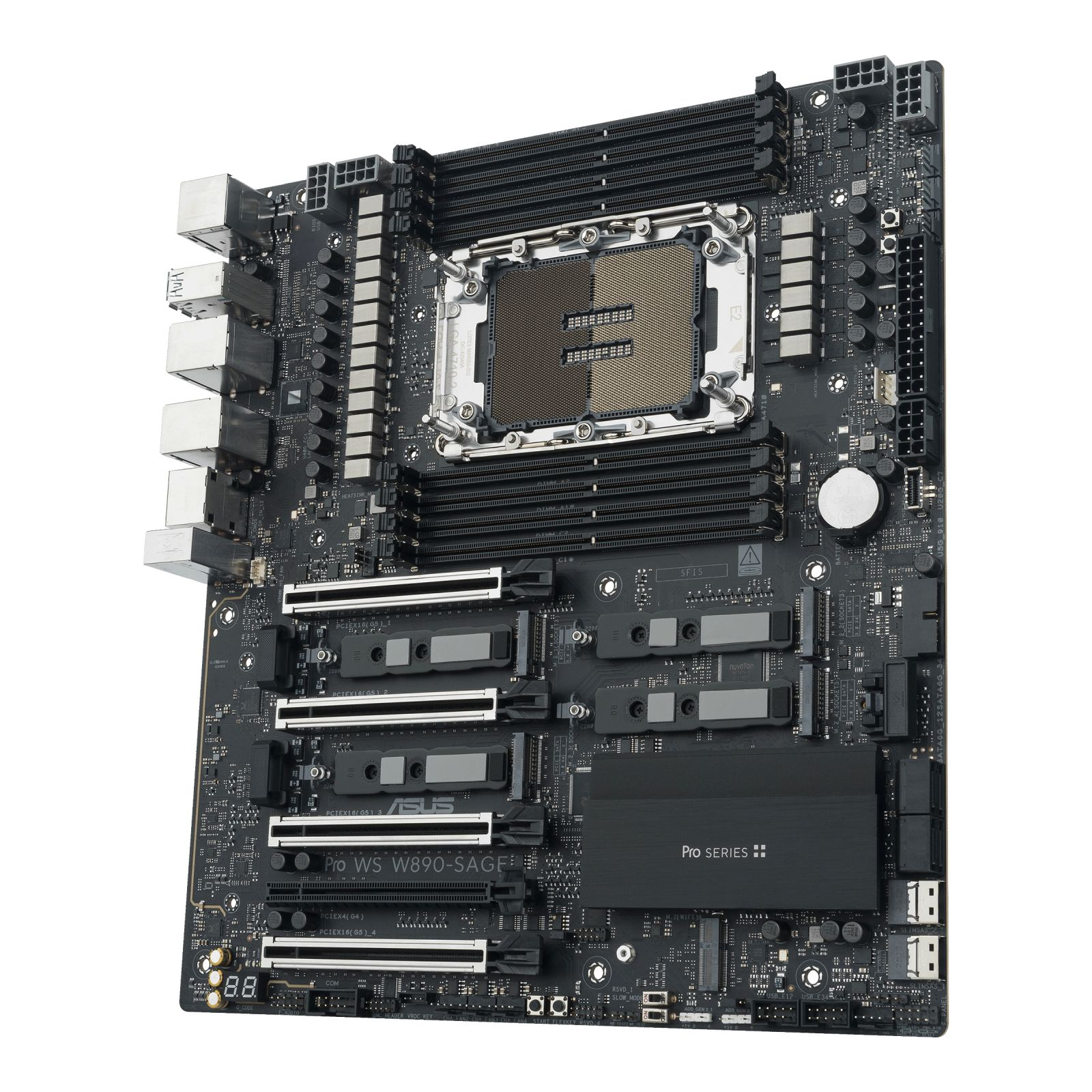 Una vista di una scheda madre ASUS Pro WS W890-SAGE nera che mostra socket CPU, slot RAM e slot PCIe.