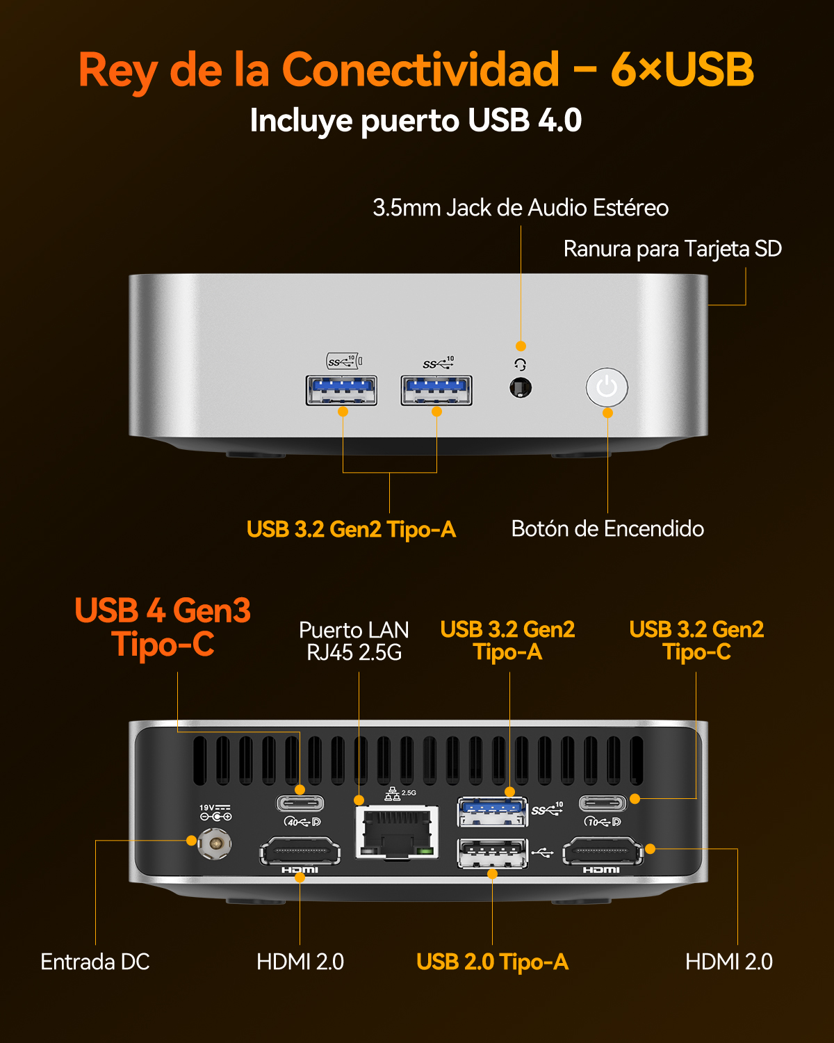 Un ordenador plateado con etiquetas de puertos: USB, HDMI, tarjeta SD, Audio, LAN.