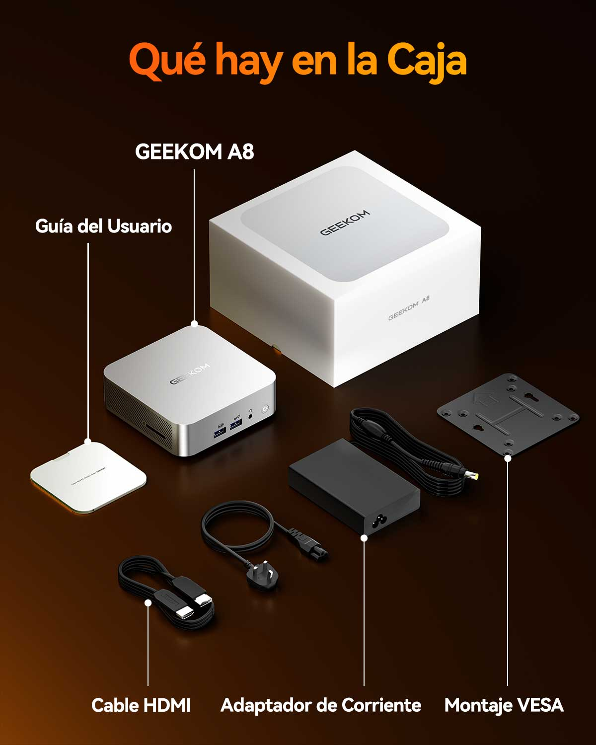 Contenido de la caja: Mini PC GEEKOM A8, adaptador de corriente, cable HDMI, montaje VESA.