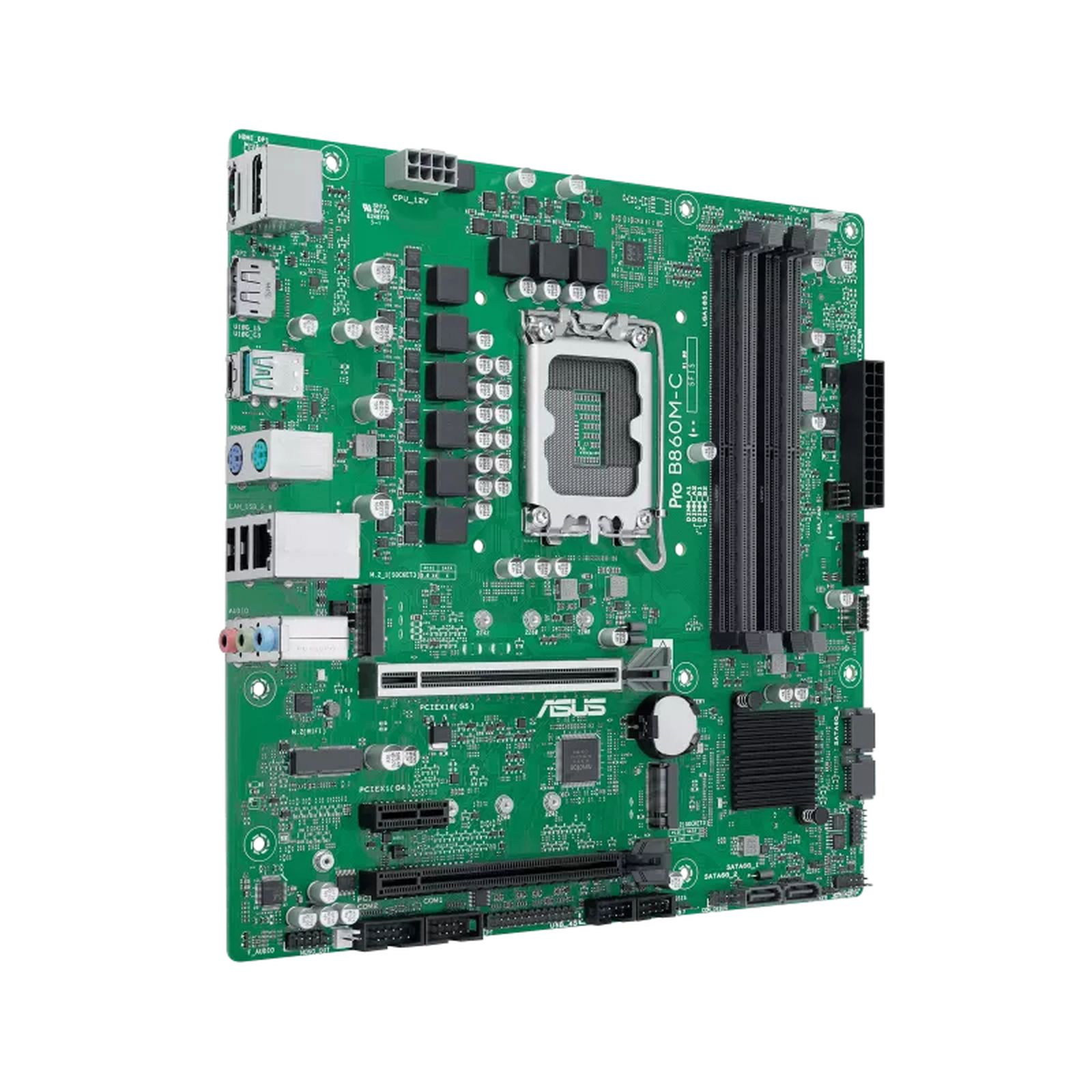 Scheda madre verde con socket CPU, slot RAM e porte.