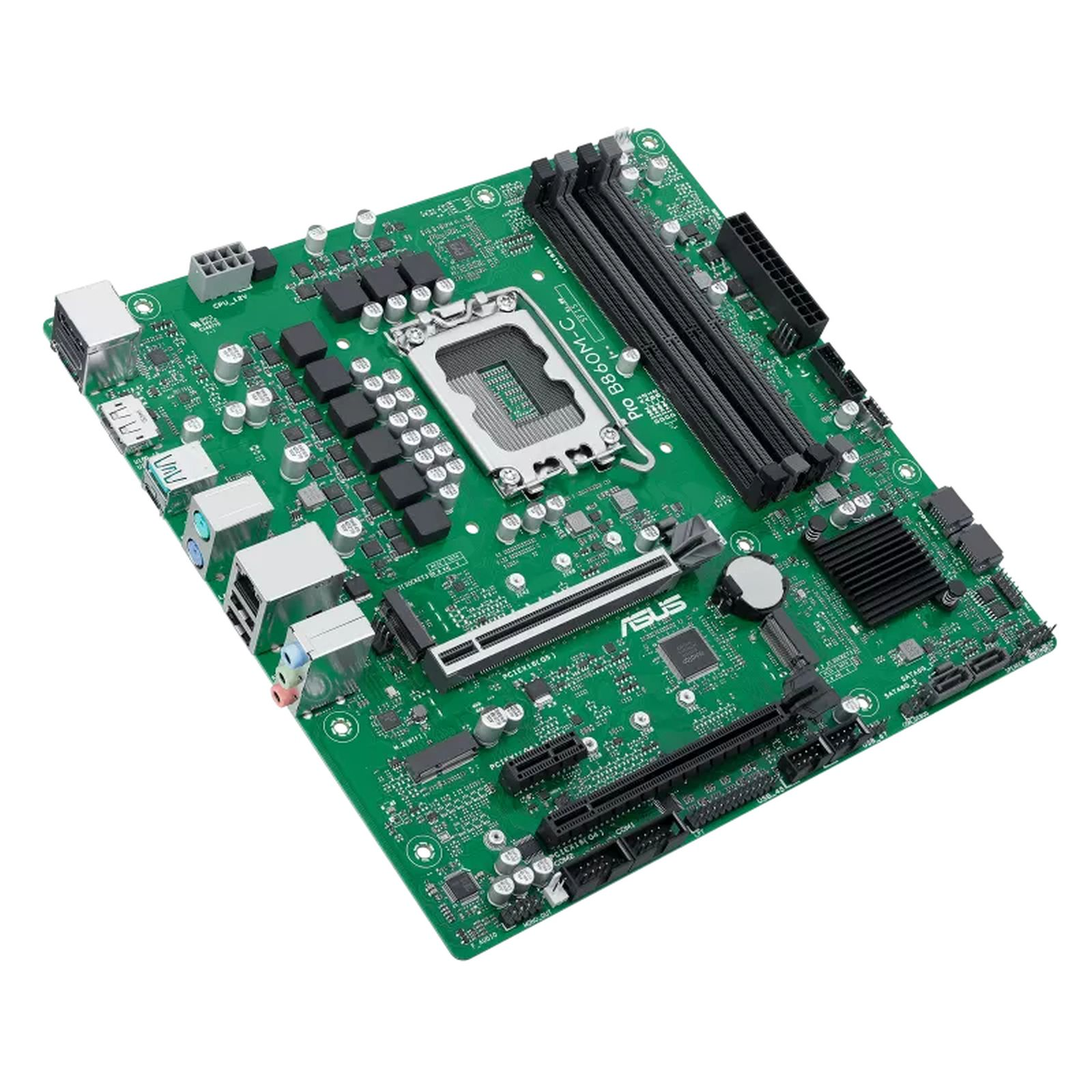 Una scheda madre di computer verde con socket CPU, slot RAM e connettori.