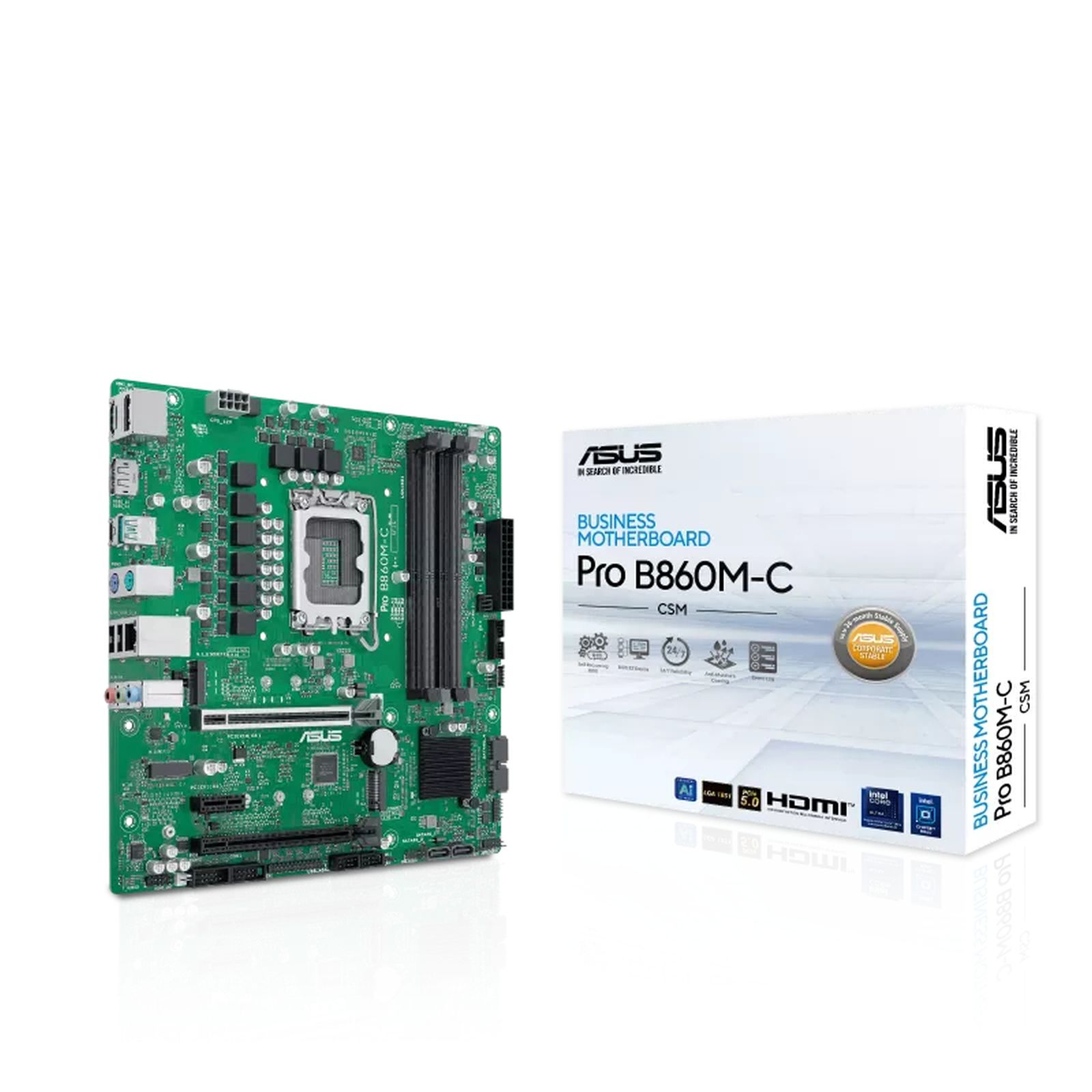 Scheda madre verde e confezione Asus Pro B860M-C CSM su sfondo bianco.