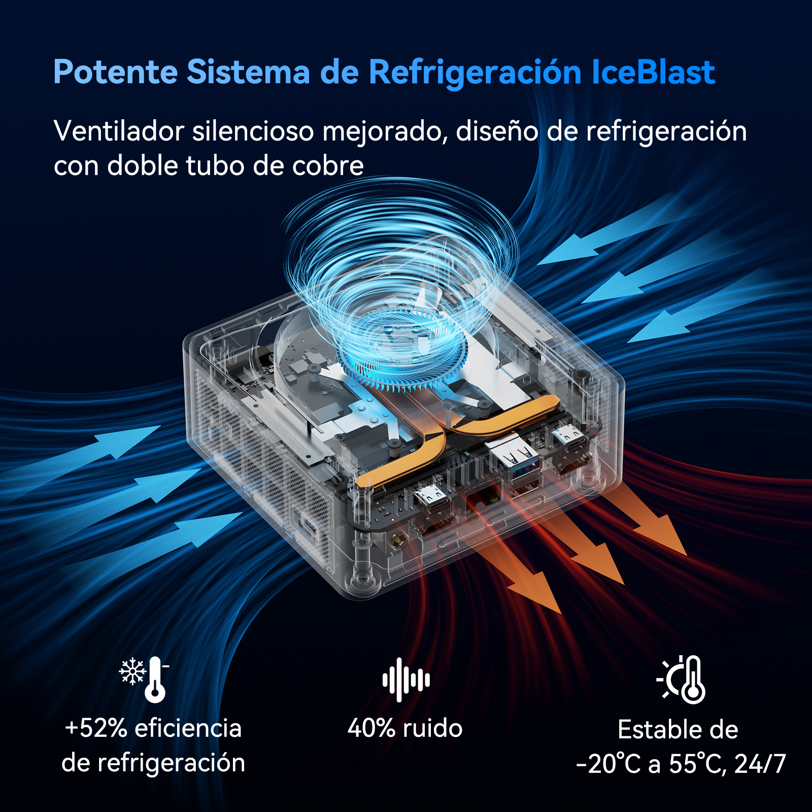 Sistema de refrigeración con ventilador, tubos de cobre y flechas de flujo de aire.