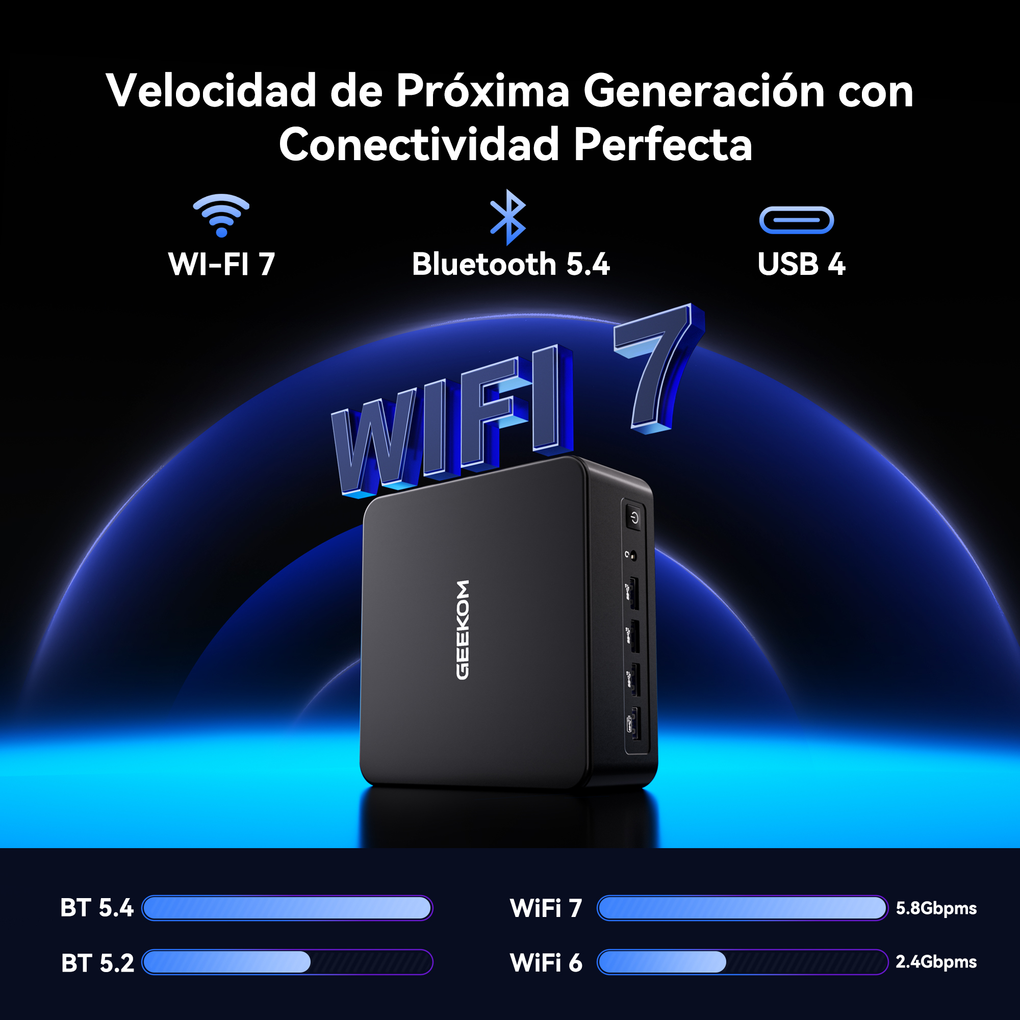 Adaptador negro GEEKOMLaptop con WiFi 7, Bluetooth 5.4 y USB 4.