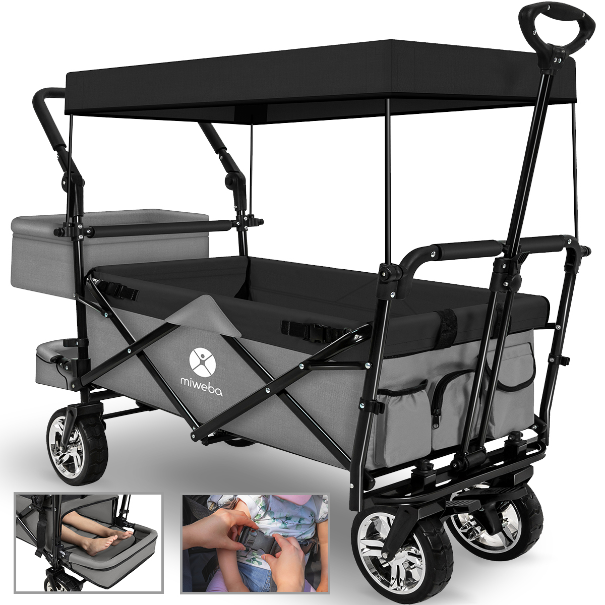 Grauer Faltwagen mit schwarzem Verdeck, Kühlbox und seitlichen Taschen.