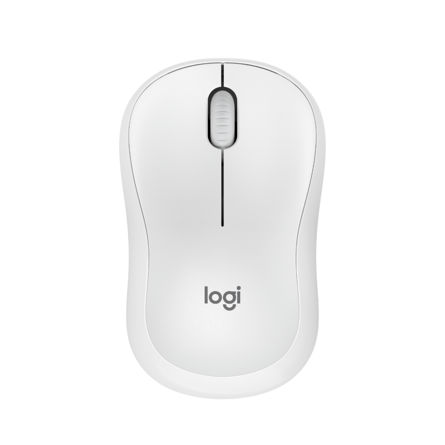 Biała mysz Logitech z kółkiem i dwoma przyciskami na szarym tle.