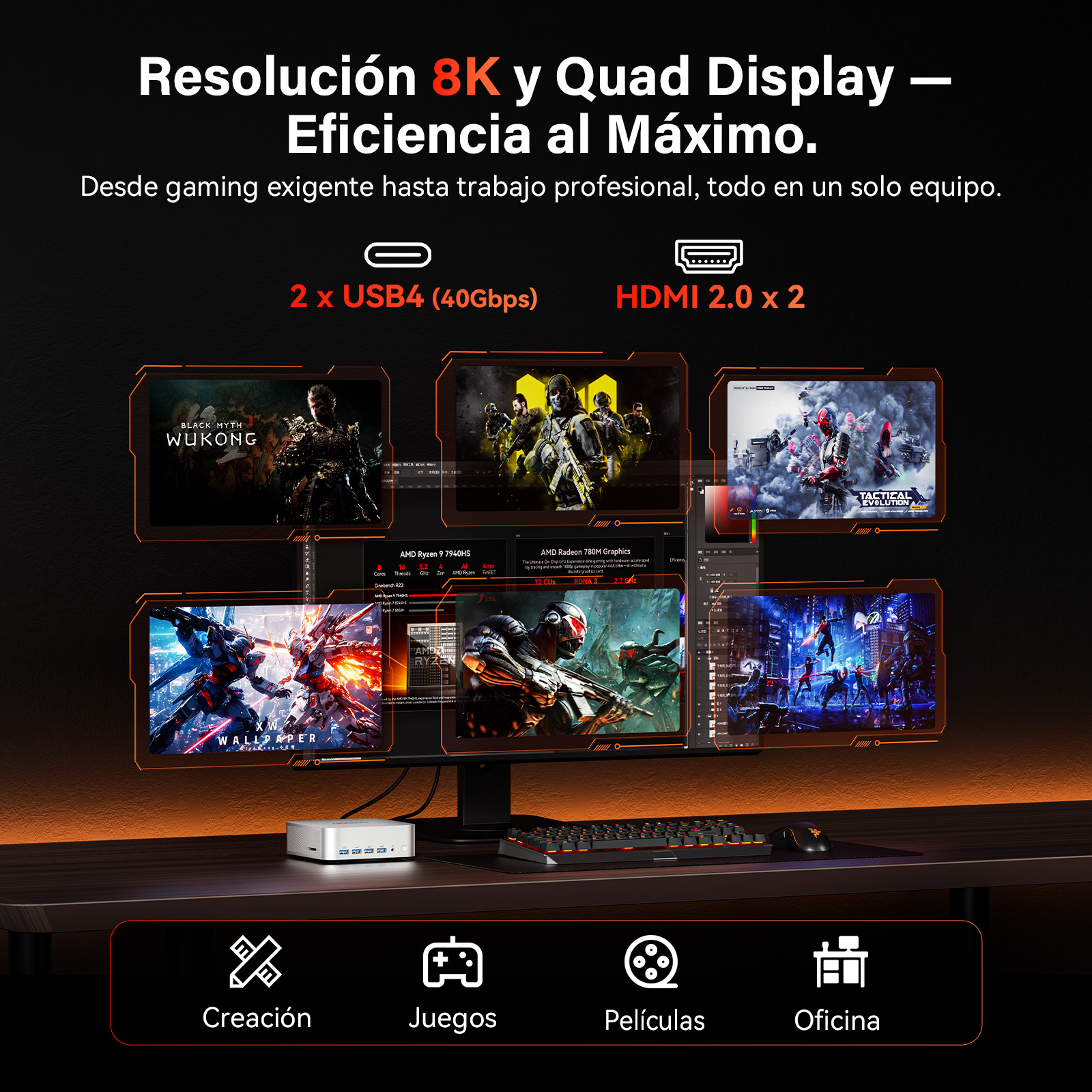 Un equipo multimonitor que muestra juegos y aplicaciones profesionales, con especificaciones.