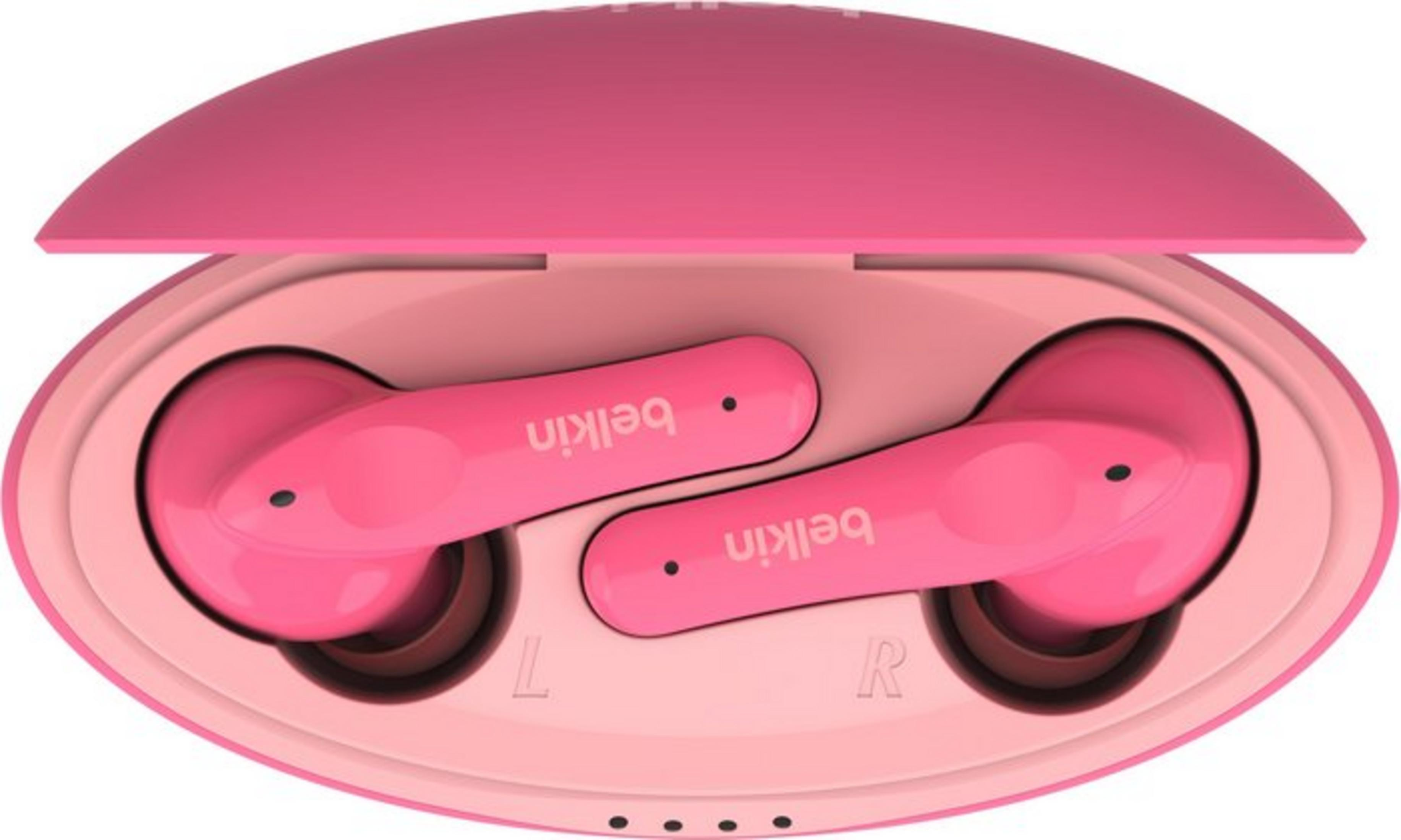Un paio di auricolari wireless rosa nella loro custodia.