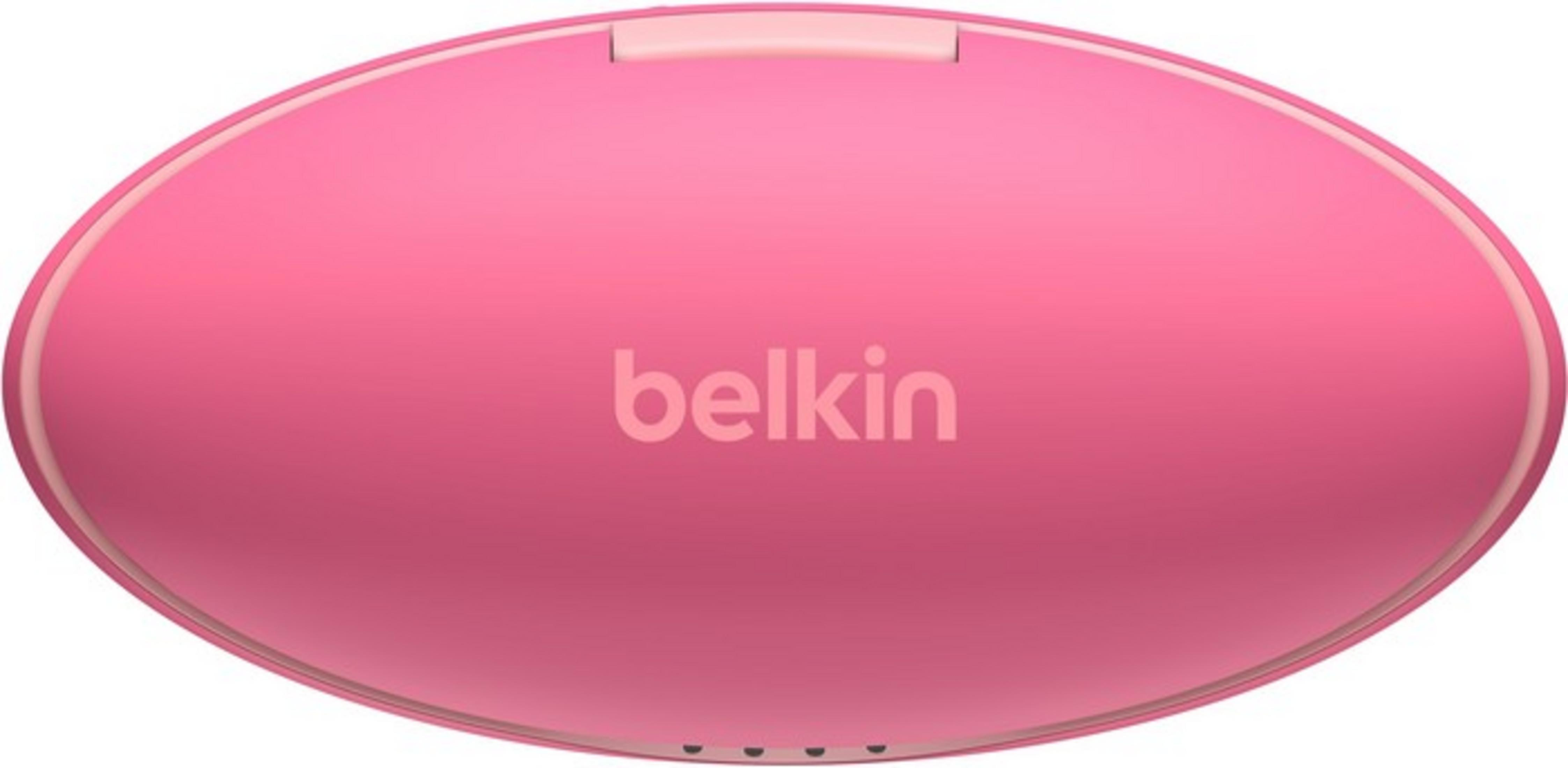 Una custodia rosa per auricolari Belkin con il coperchio leggermente aperto.