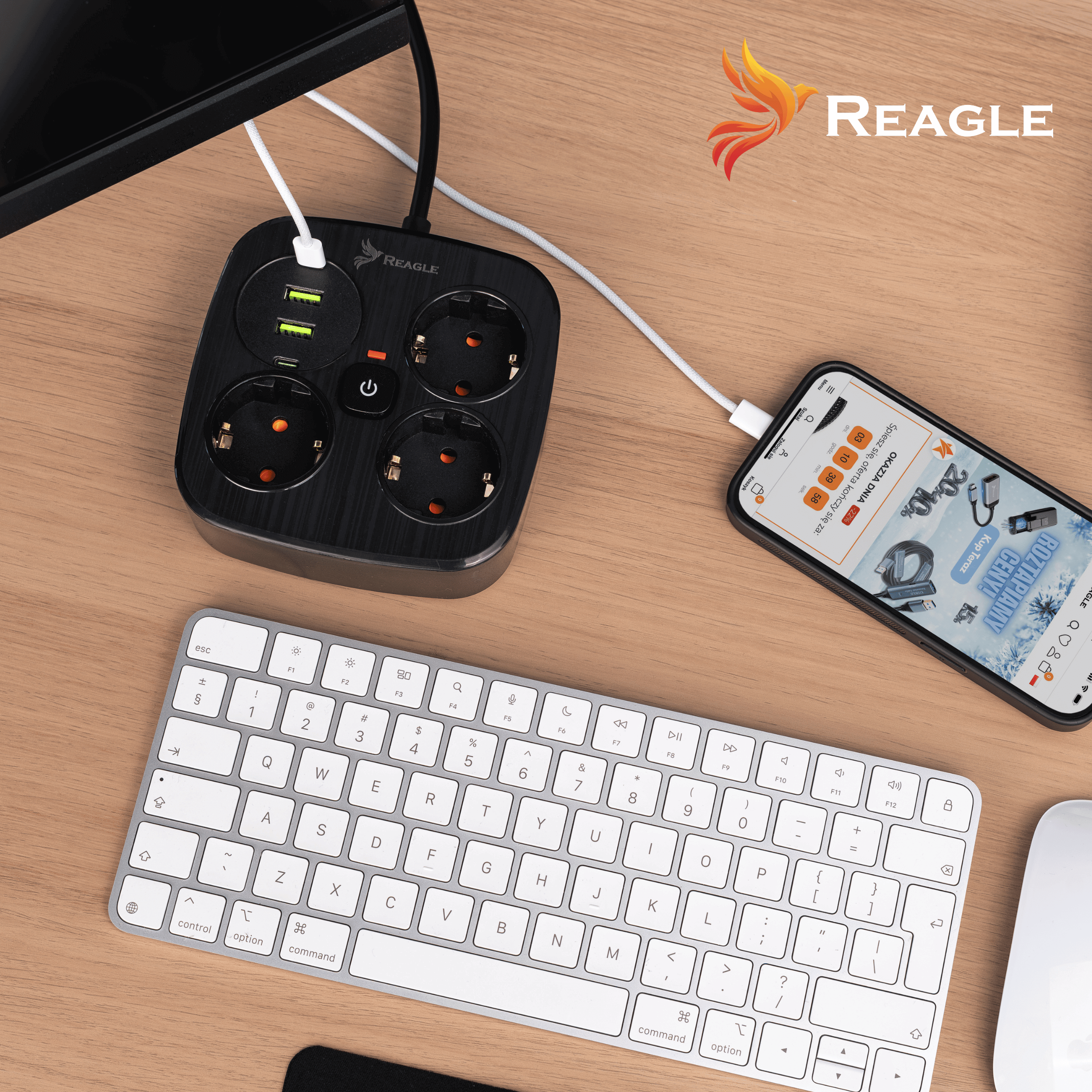 Regleta negra con enchufes y puertos USB, teclado y teléfono en escritorio de madera.