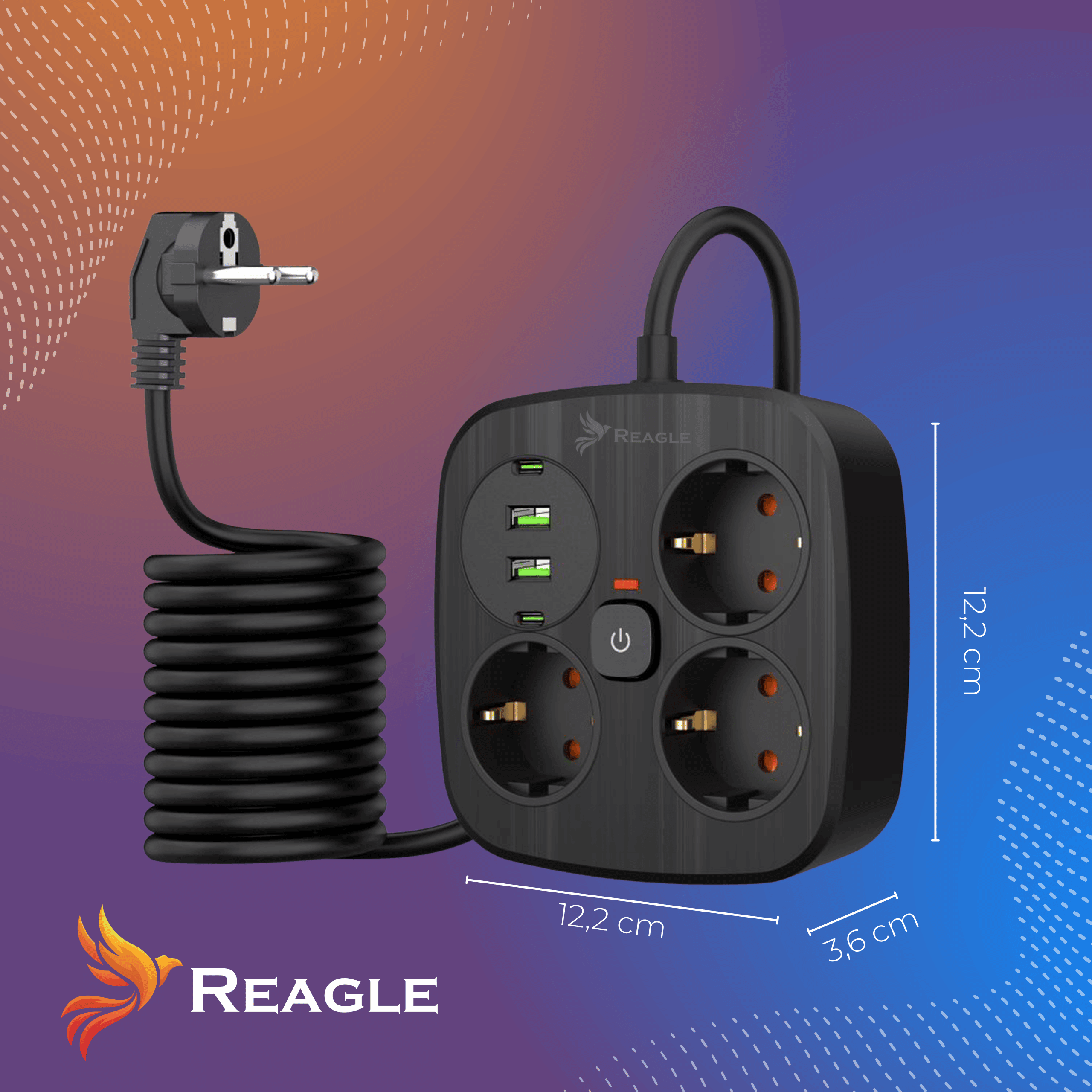 Regleta negra con 4 enchufes, 2 puertos USB, cable de alimentación y interruptor.