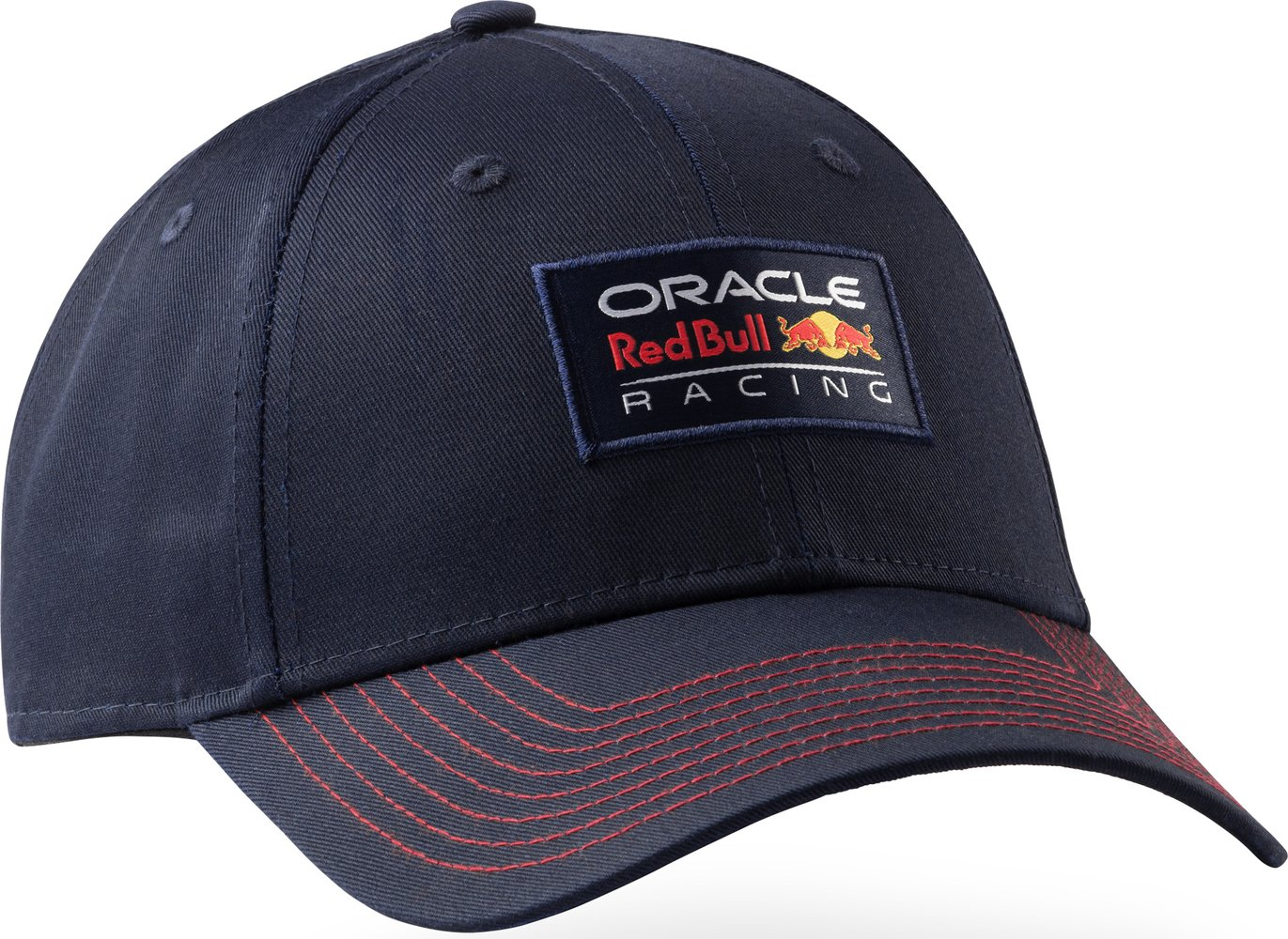 Cappellino blu scuro con logo rosso Red Bull Racing e cuciture.