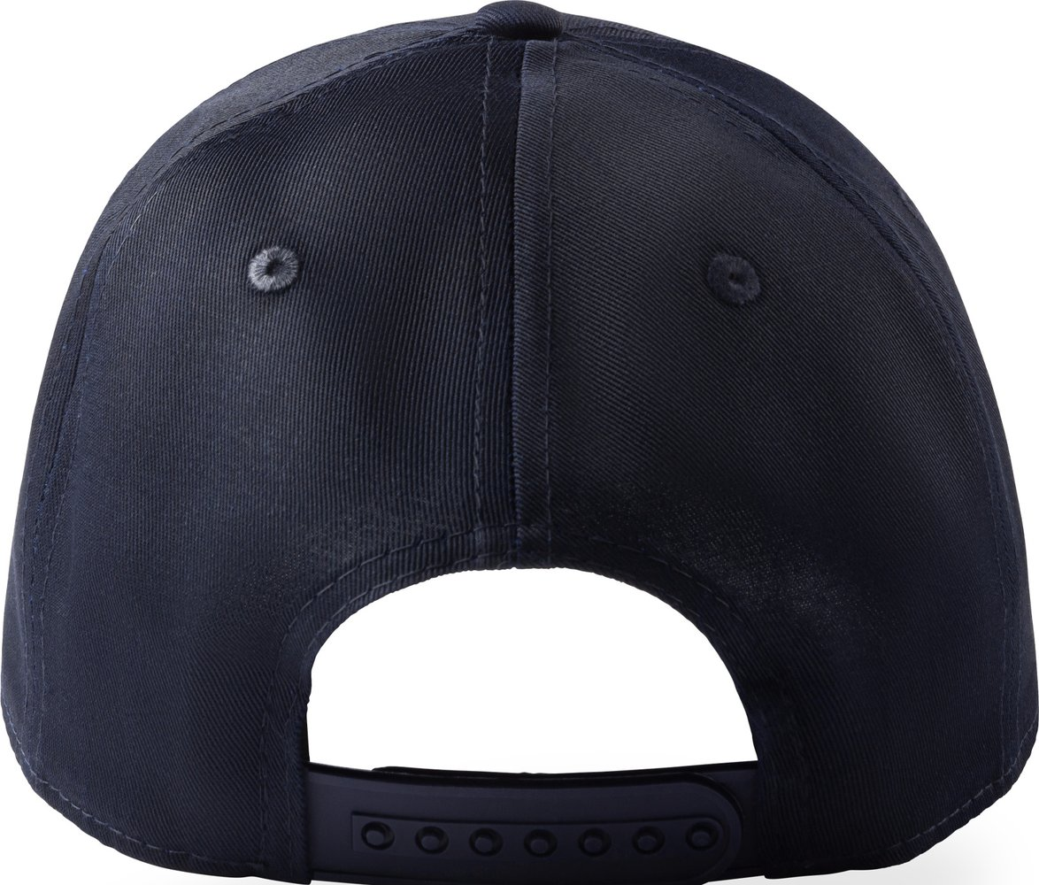 Cappellino blu scuro visto da dietro, con cinturino regolabile e dettagli bottoni.