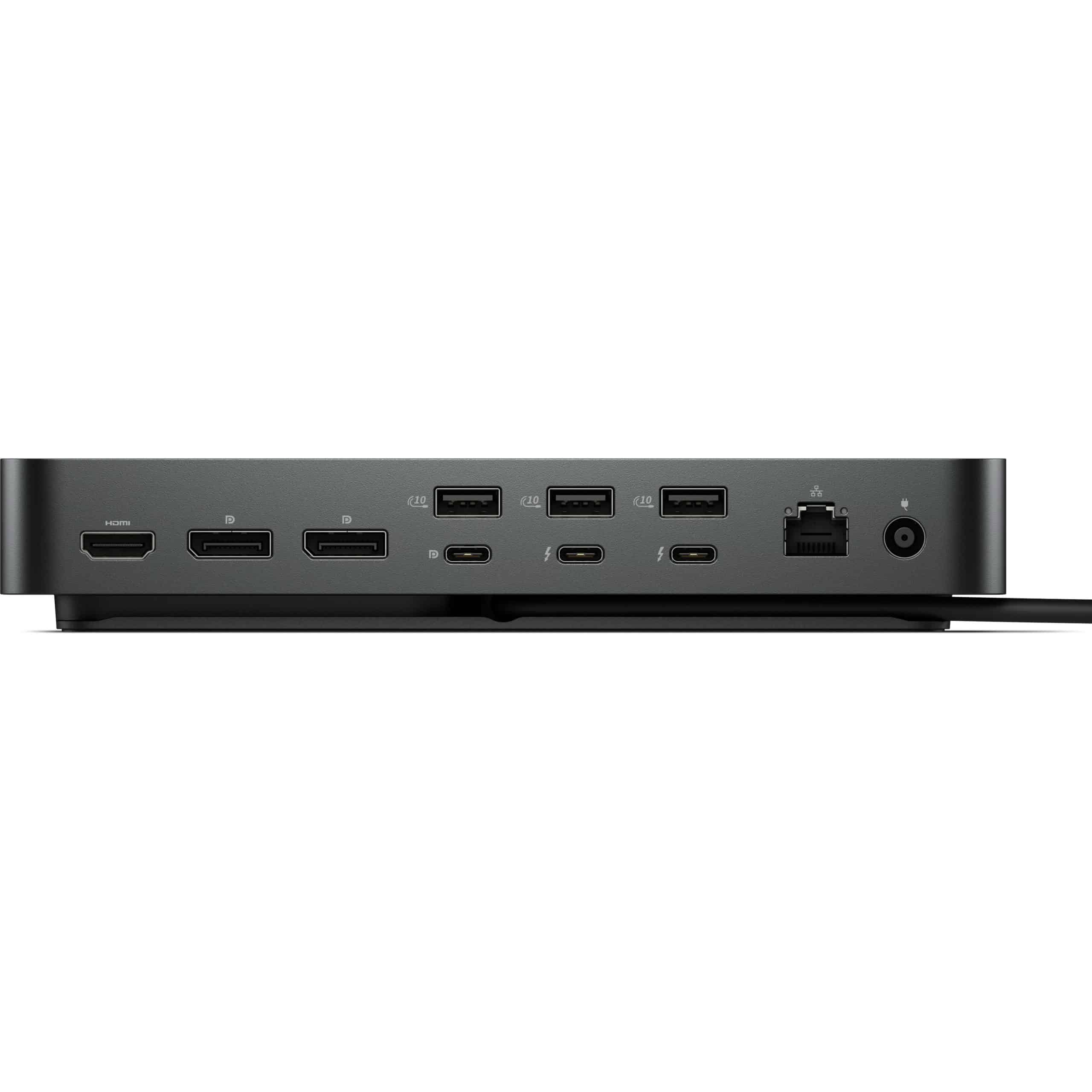 Station d'accueil grise avec ports HDMI, USB-A, USB-C et Ethernet.
