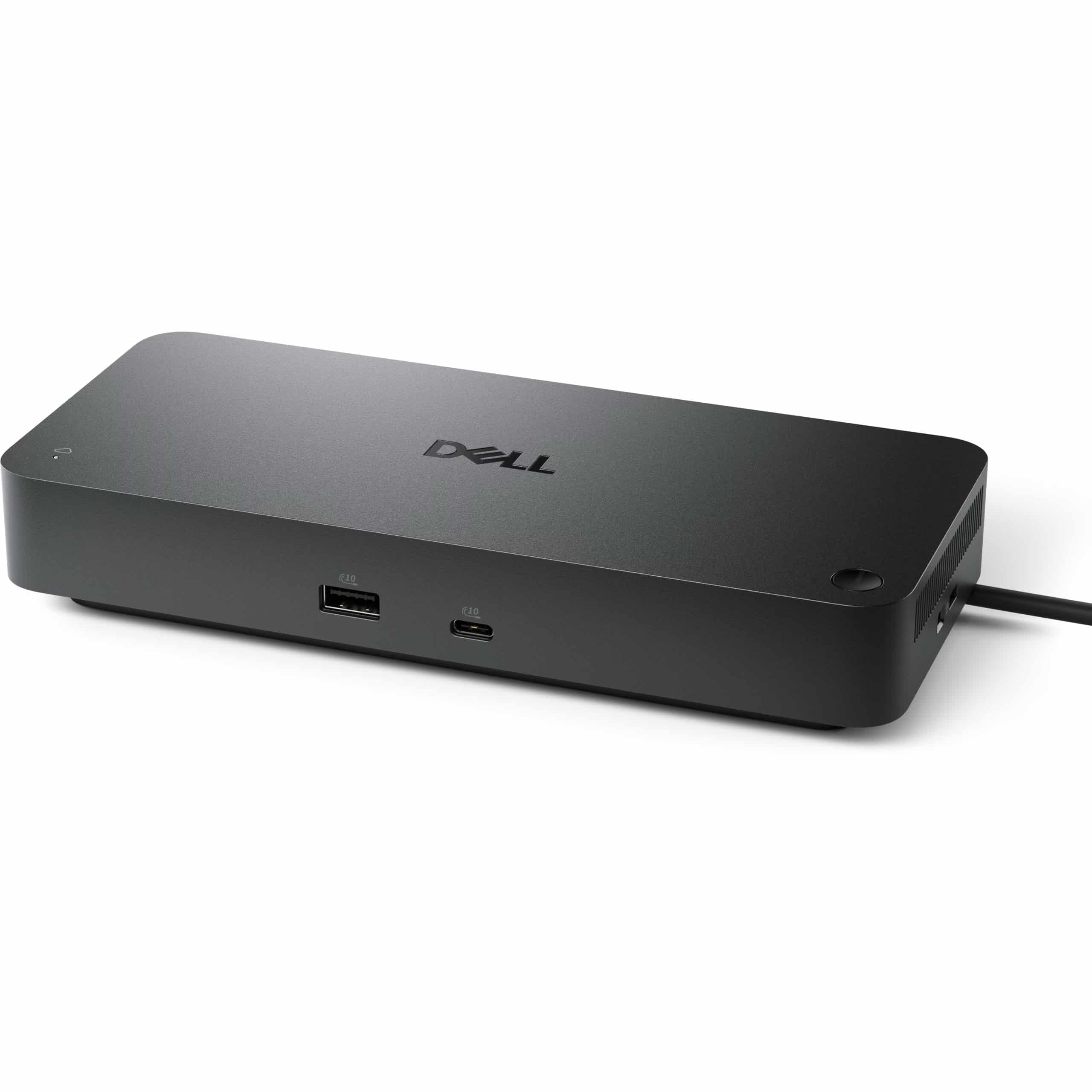 Station d'accueil Dell noire avec ports USB-A et USB-C, sur fond blanc.