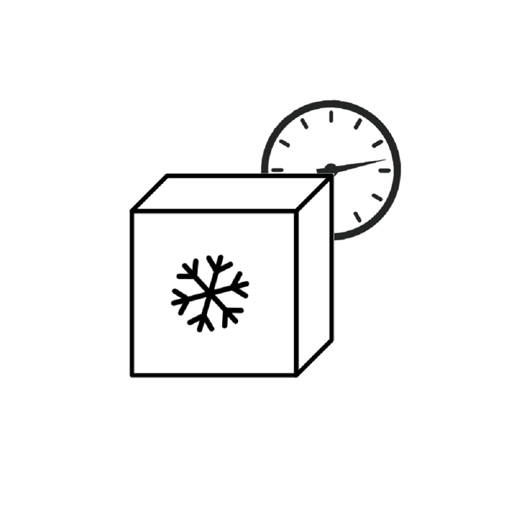 Ein Würfel mit einem Schneeflockensymbol und einer Uhr.