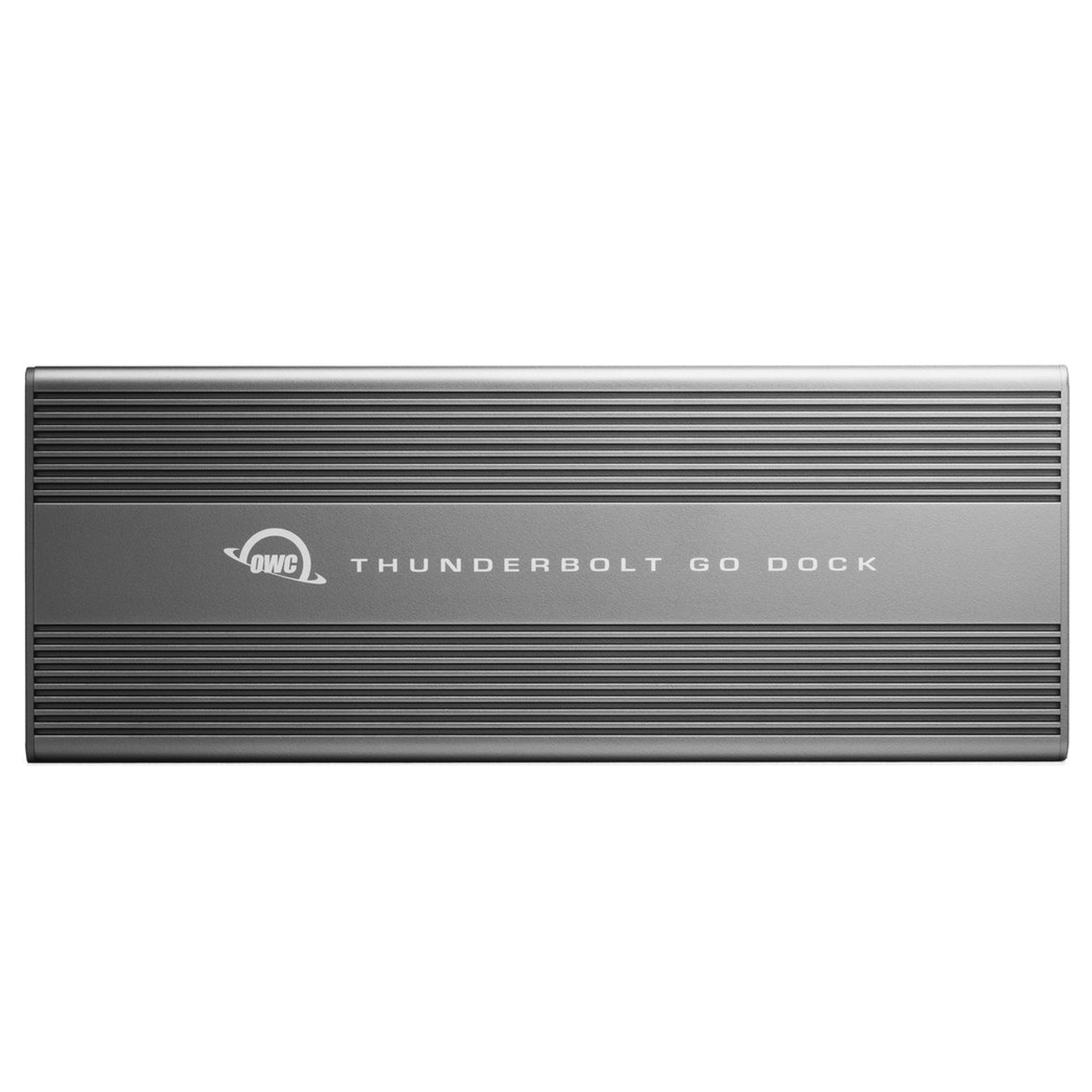Grijze OWC Thunderbolt Go Dock met horizontale groeven en tekst.