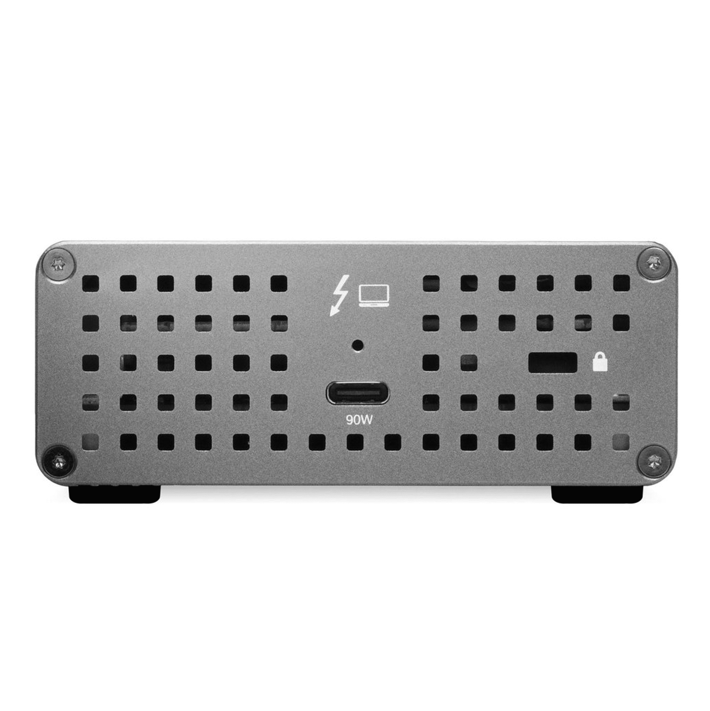 Grijze metalen behuizing met vierkante ventilatieopeningen, USB-C poort en symbolen.