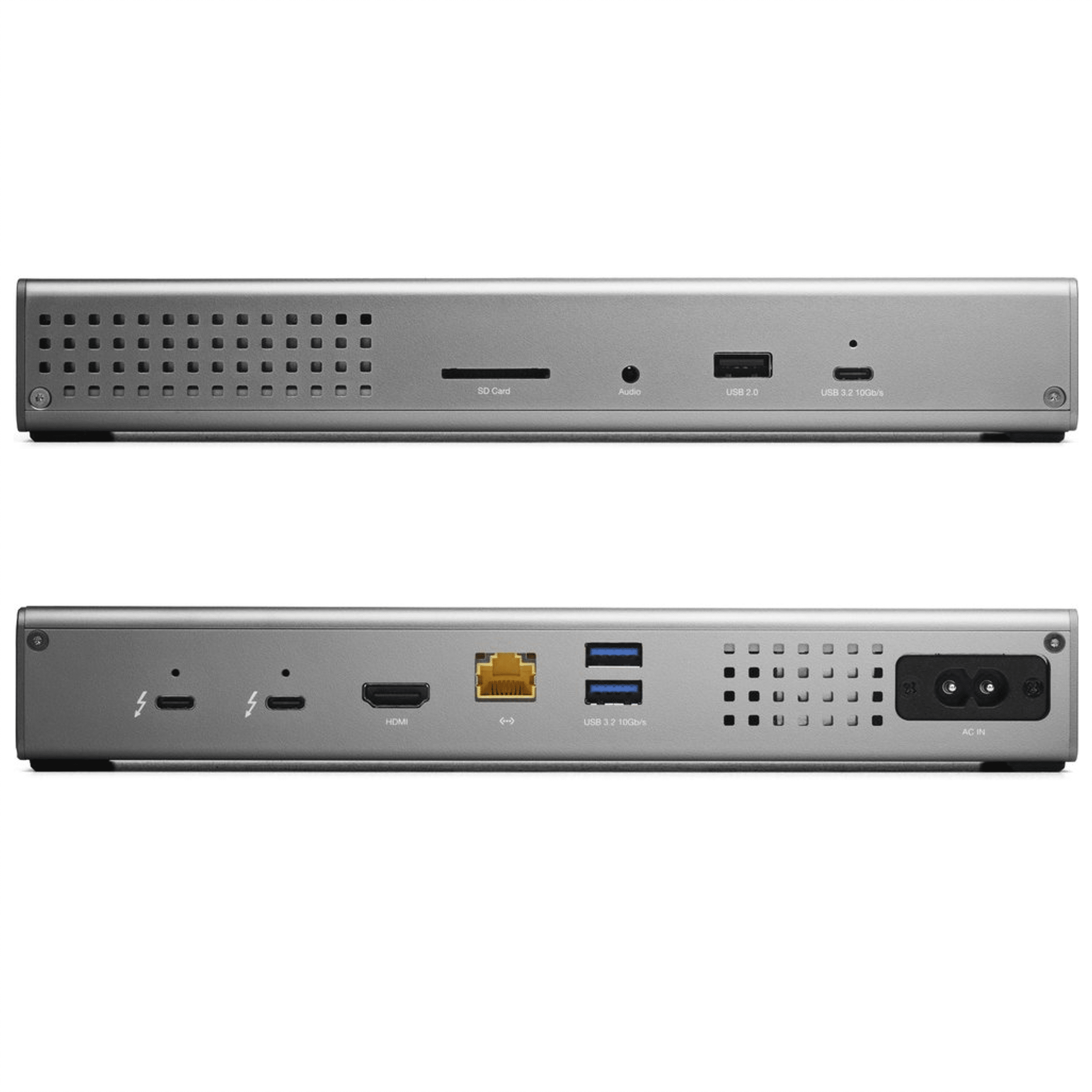 Zilveren behuizing met poorten: SD-kaart, Audio, USB 2.0, USB 3.2, HDMI, AC-in.
