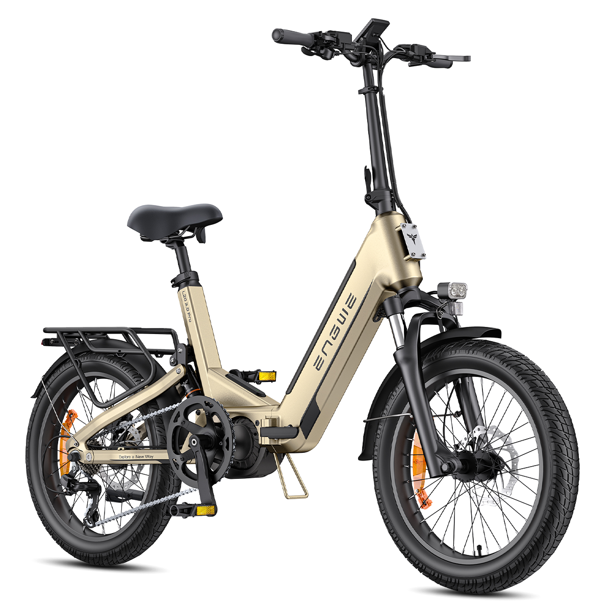 Bici elettrica pieghevole dorata con sella nera, portapacchi e gomme spesse.