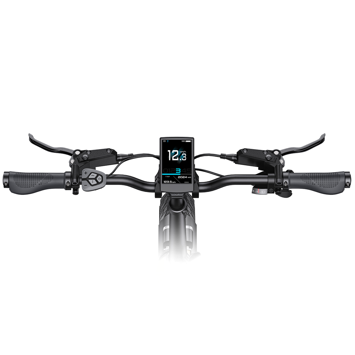 Manubrio e-bike con display, impugnature e freni.
