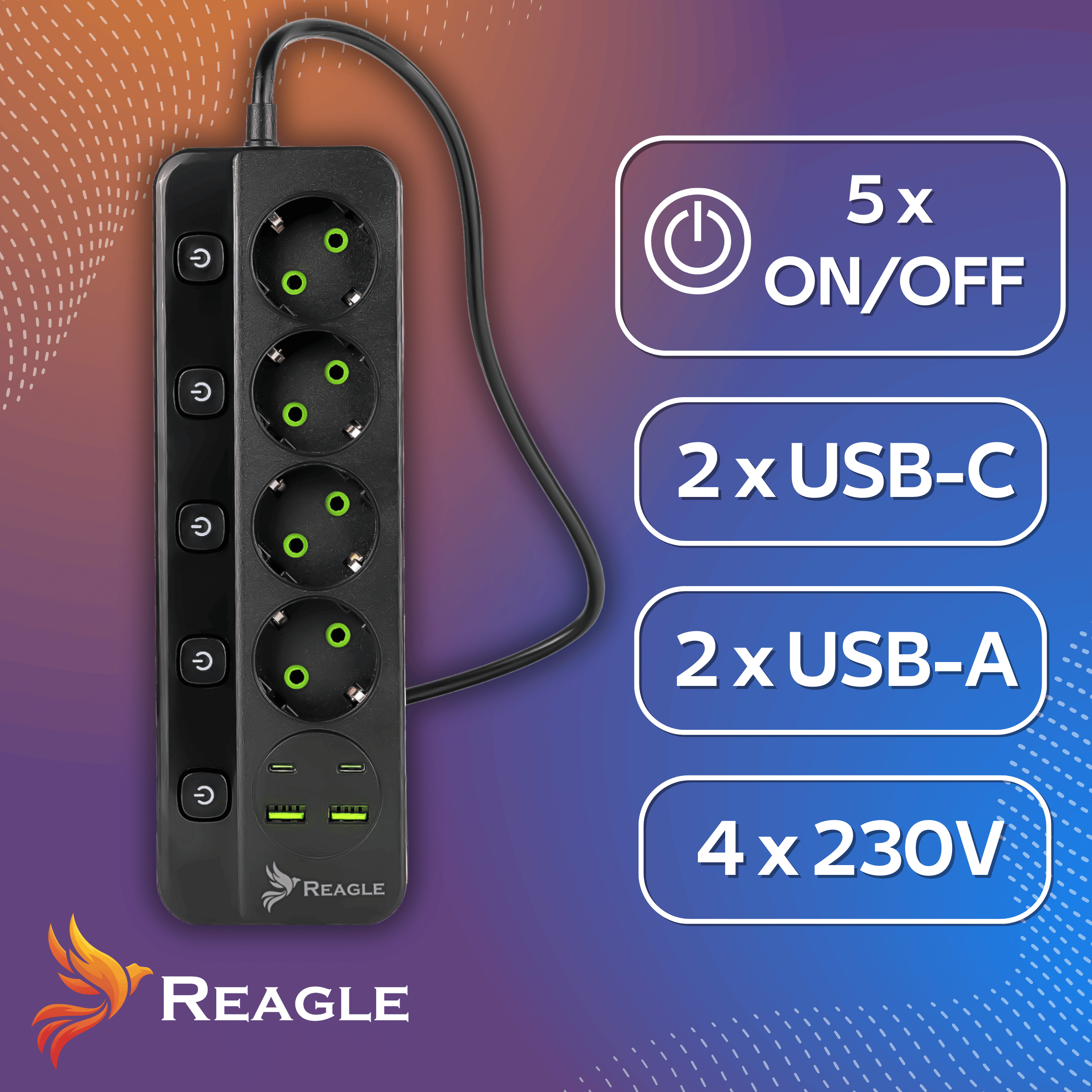 Czarna listwa zasilająca z 5x włącznikami, 2x USB-C, 2x USB-A, 4x 230V.