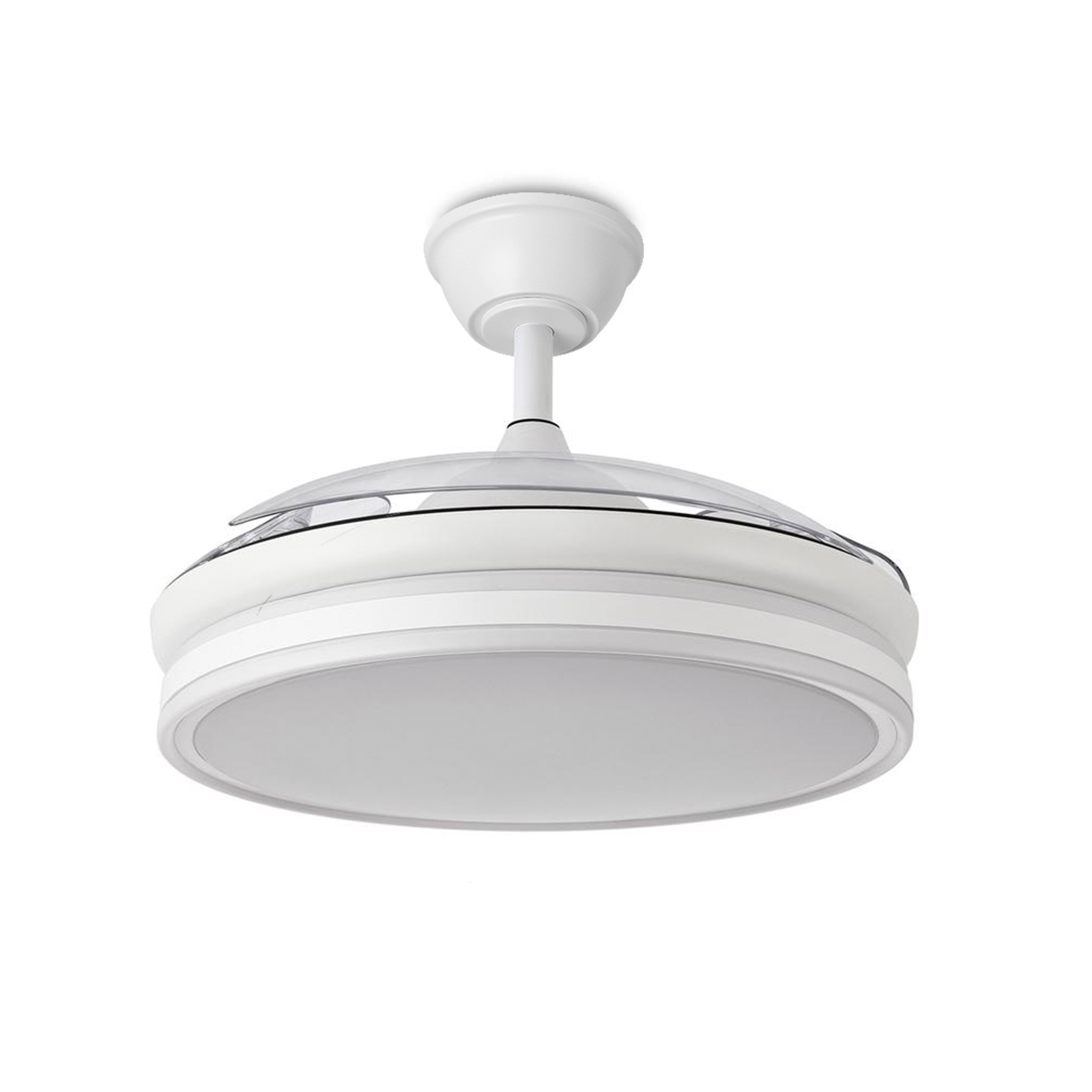 Un ventilador de techo blanco moderno con luz.
