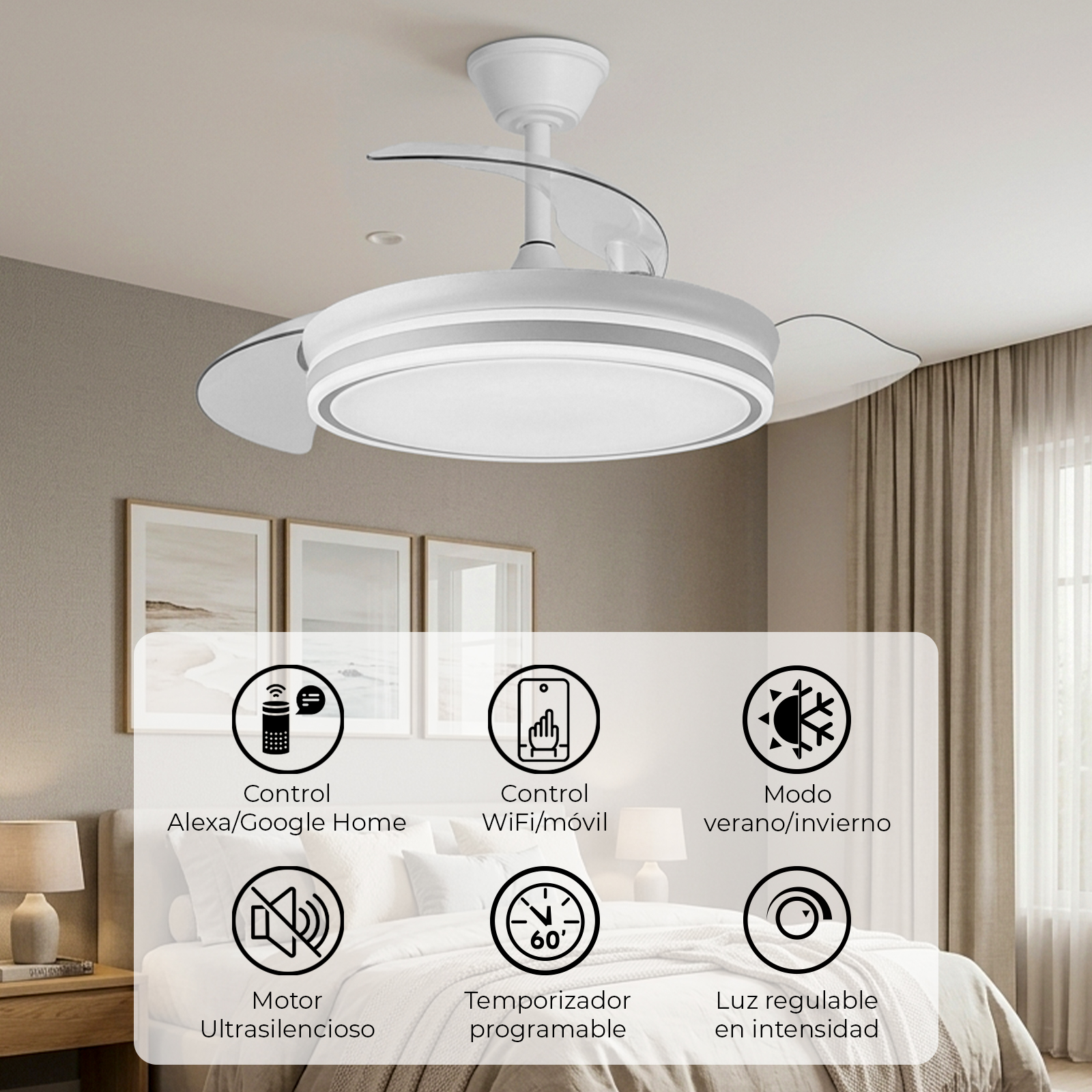 Ventilador de techo moderno con luz, controlable por app y Alexa.