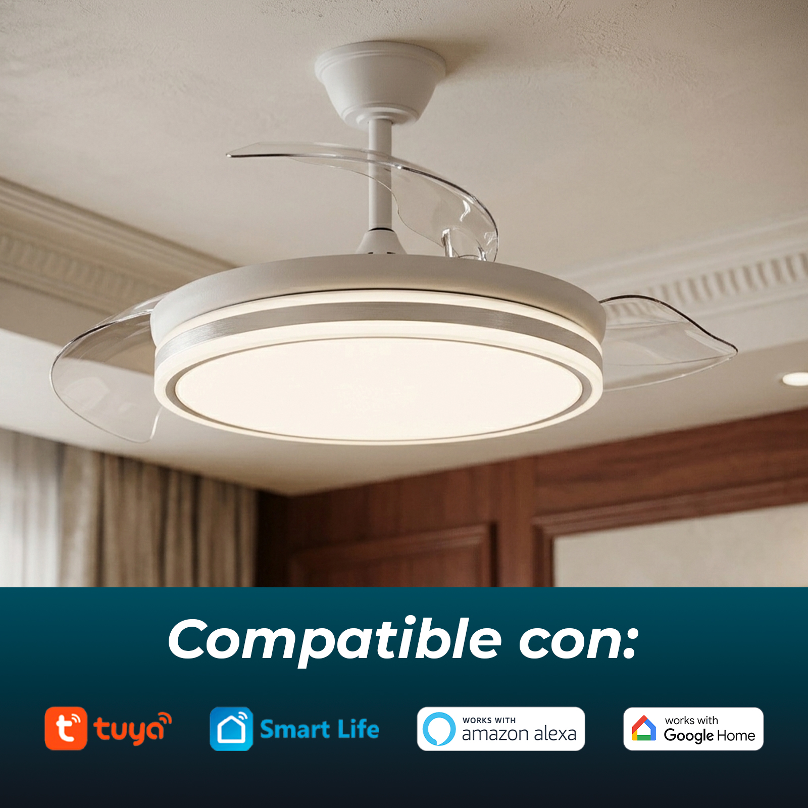 Ventilador de techo con luz integrada y aspas transparentes. Compatible con Tuya.