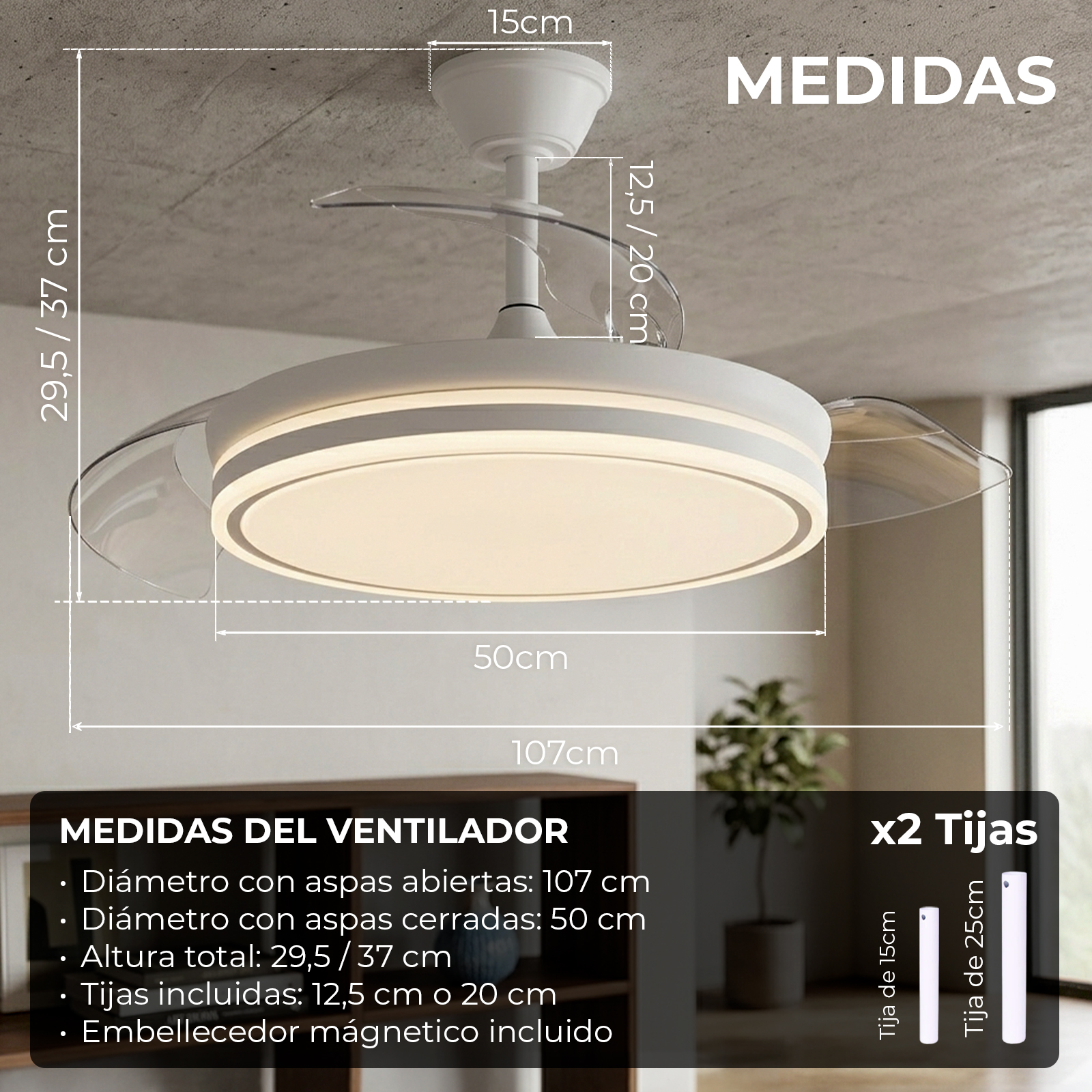 Ventilador de techo con luz y medidas en cm. Las medidas están marcadas en la imagen.