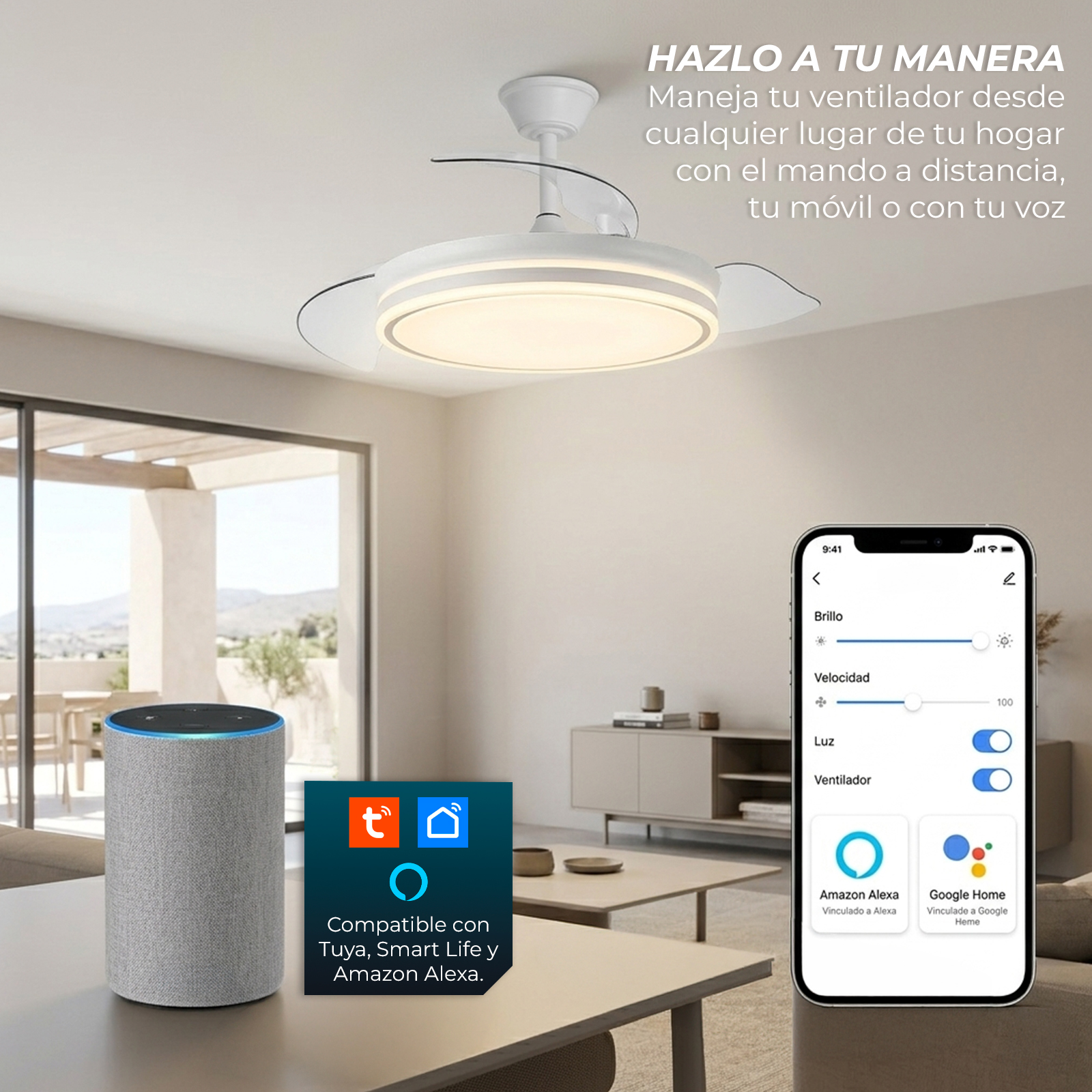 Ventilador de techo moderno con luz, controlado por móvil y voz.