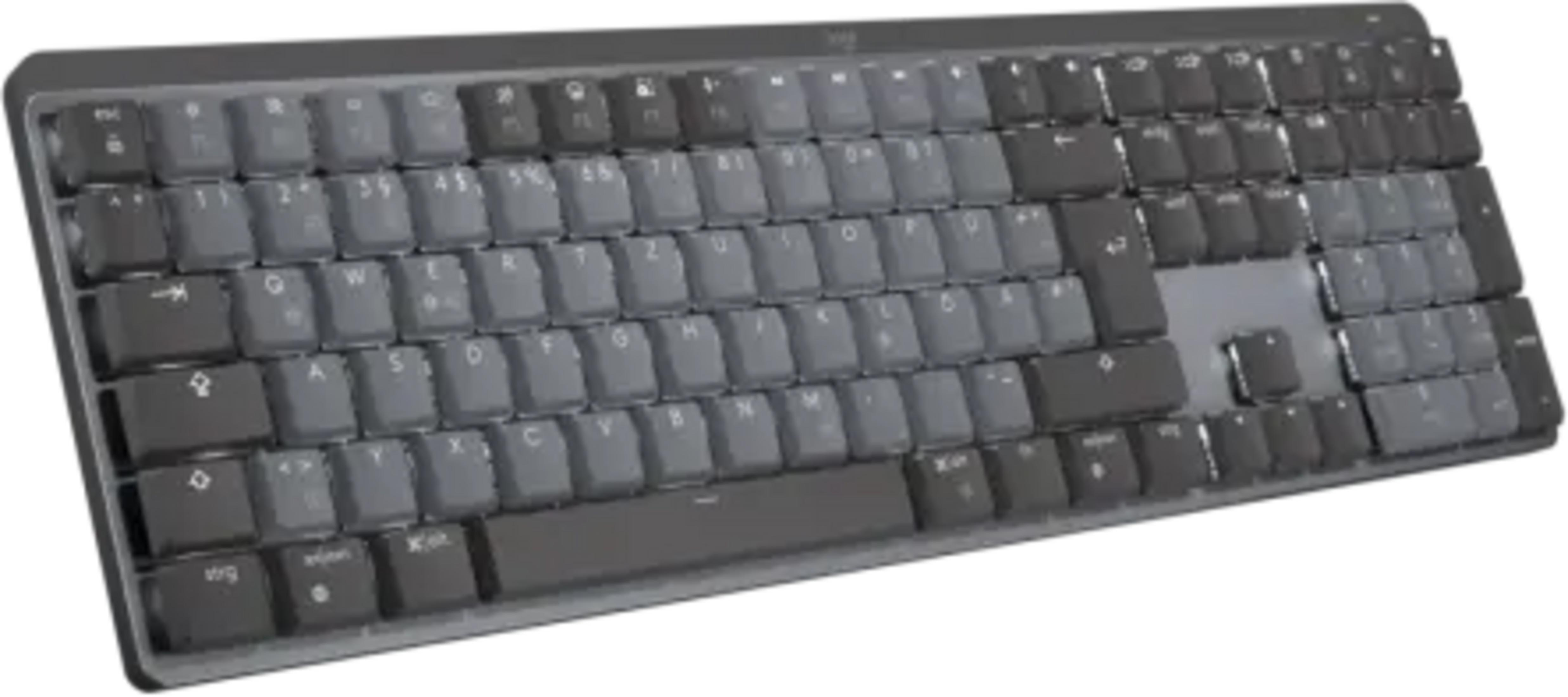 Un teclado gris con teclas oscuras y letras más claras.