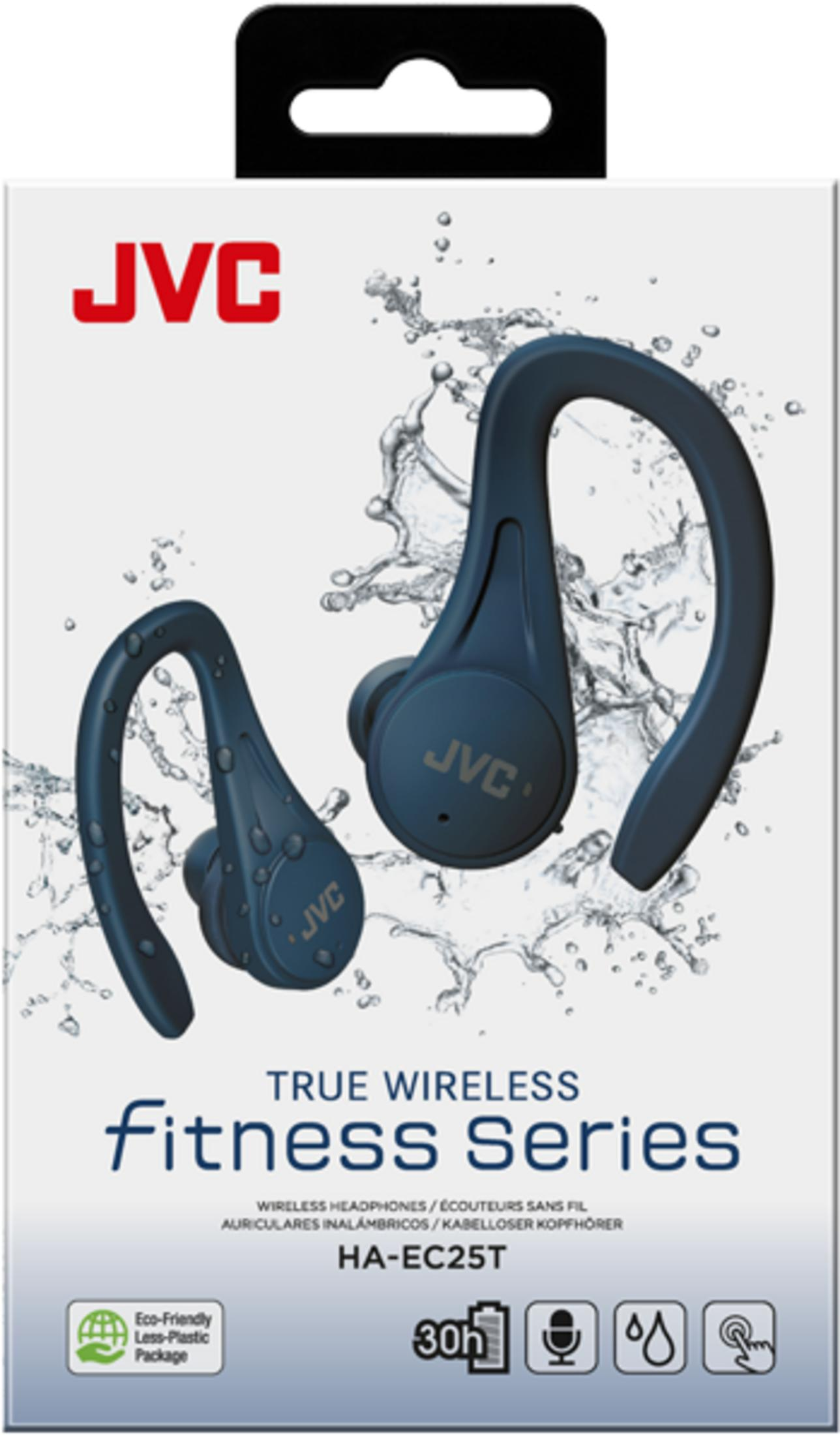 Słuchawki JVC True Wireless Fitness z rozpryskami wody.