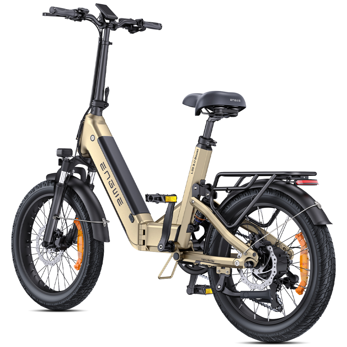 Una bicicletta elettrica color oro con pneumatici, sella e portapacchi neri.