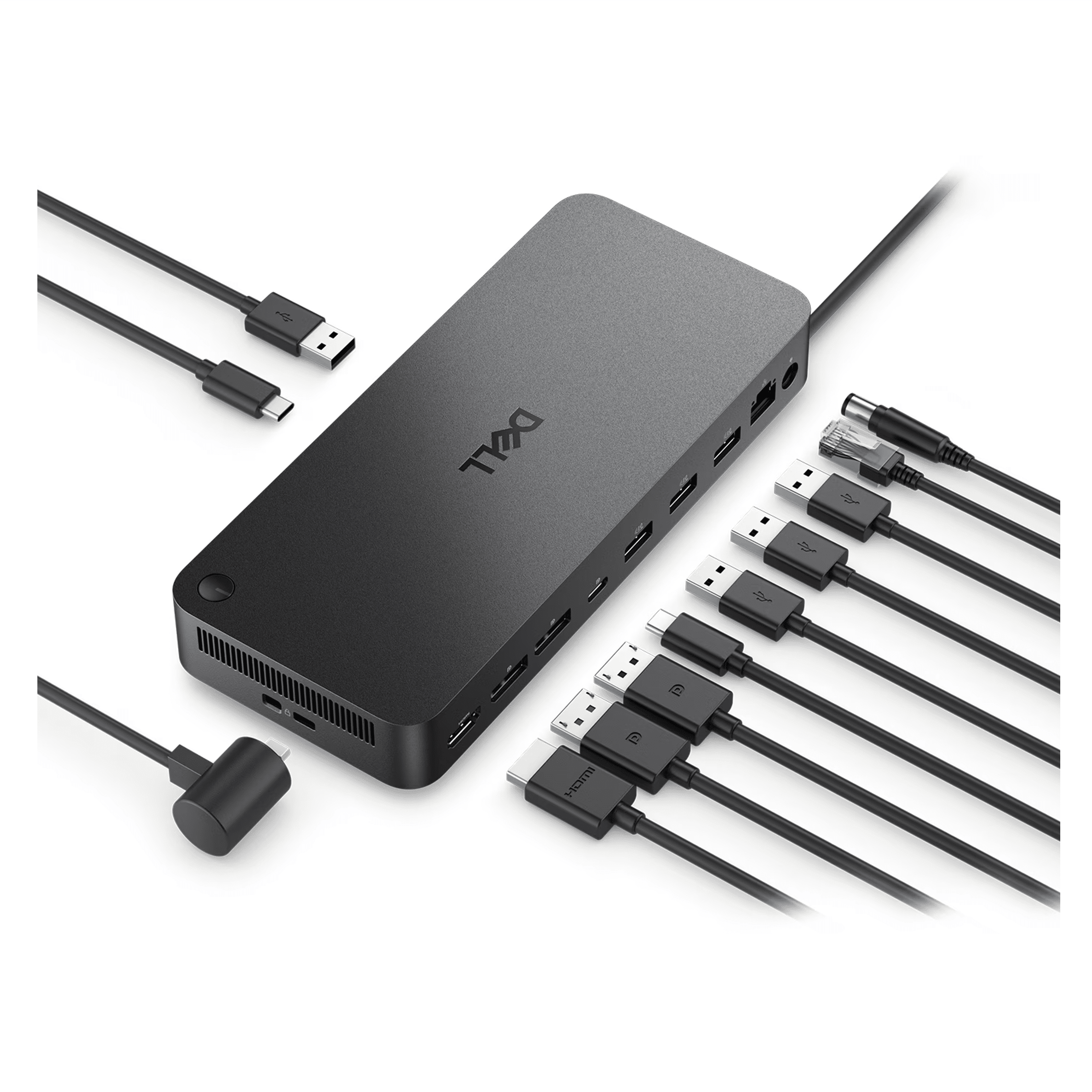 Zwarte Dell docking station met diverse kabels: USB-C, USB-A, HDMI, DisplayPort, Ethernet.