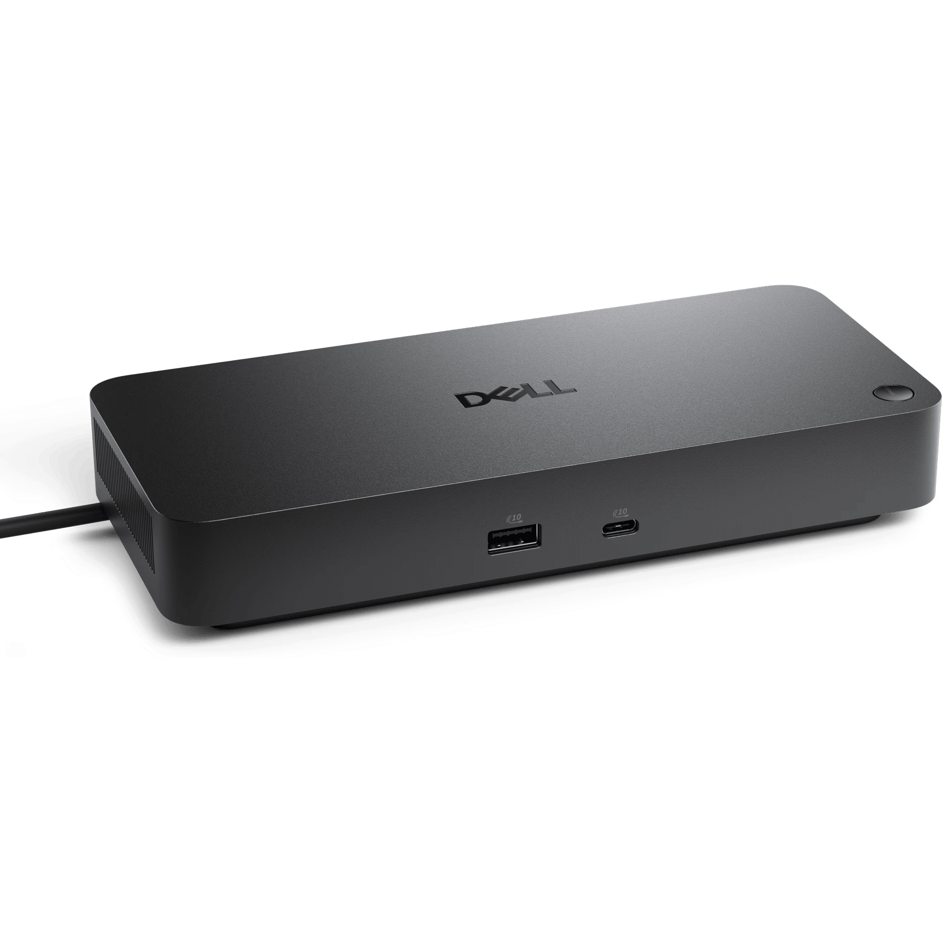 Zwarte Dell docking station met USB-A en USB-C poorten op groene achtergrond.