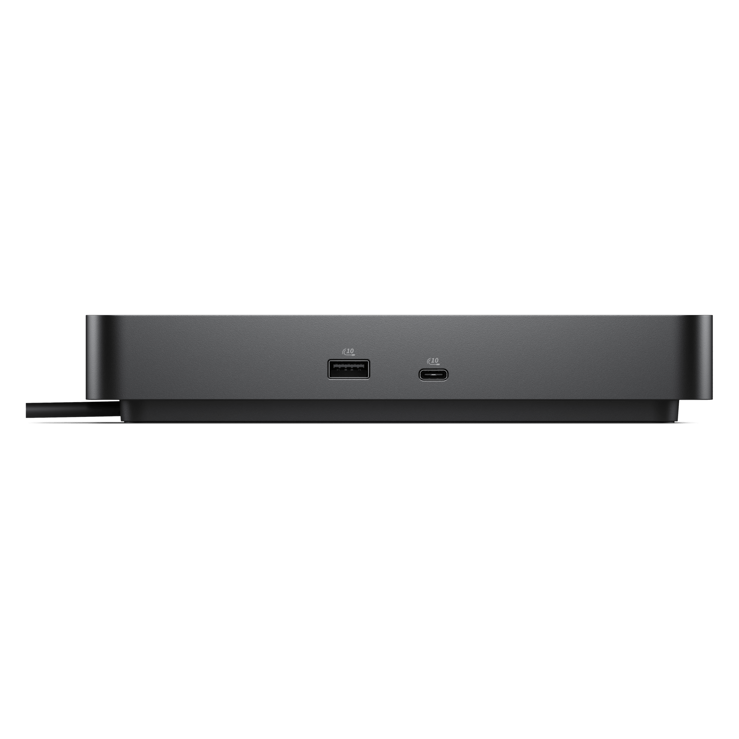 Grijze dock met USB-A en USB-C poorten op zwarte achtergrond.