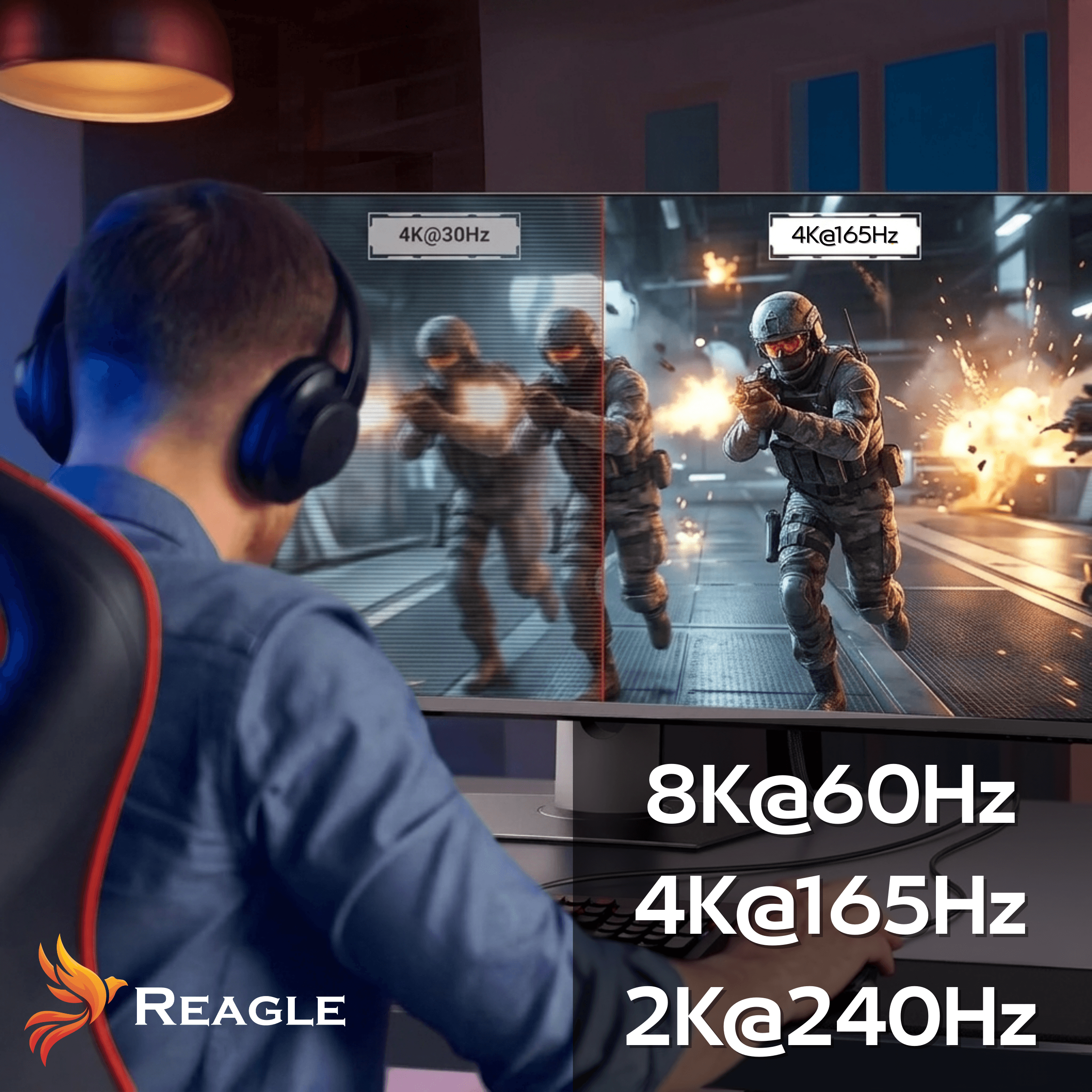 Mężczyzna w słuchawkach gra w grę wideo na monitorze pokazującym 4K@30Hz i 4K@165Hz.