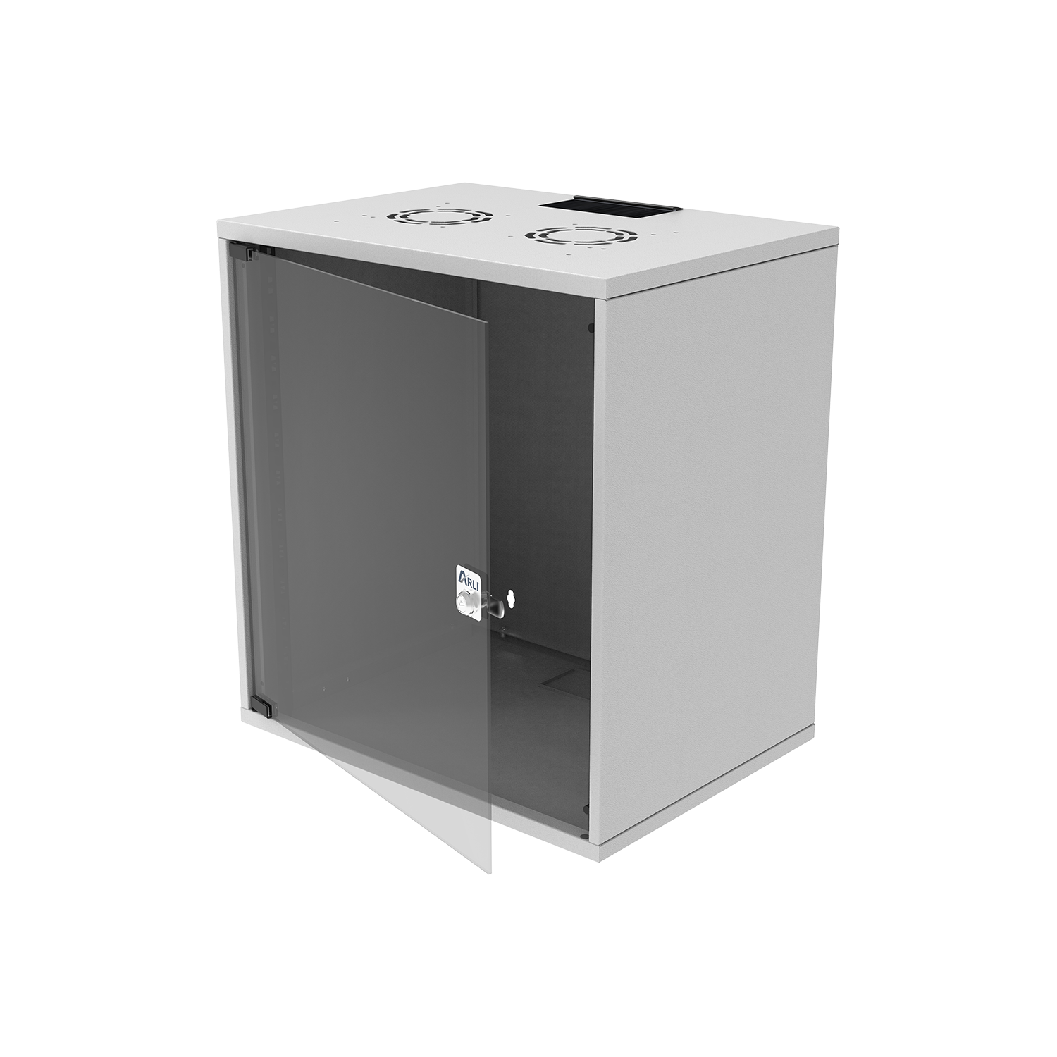Grauer Serverschrank mit Glastür und Lüftern auf dem Dach.