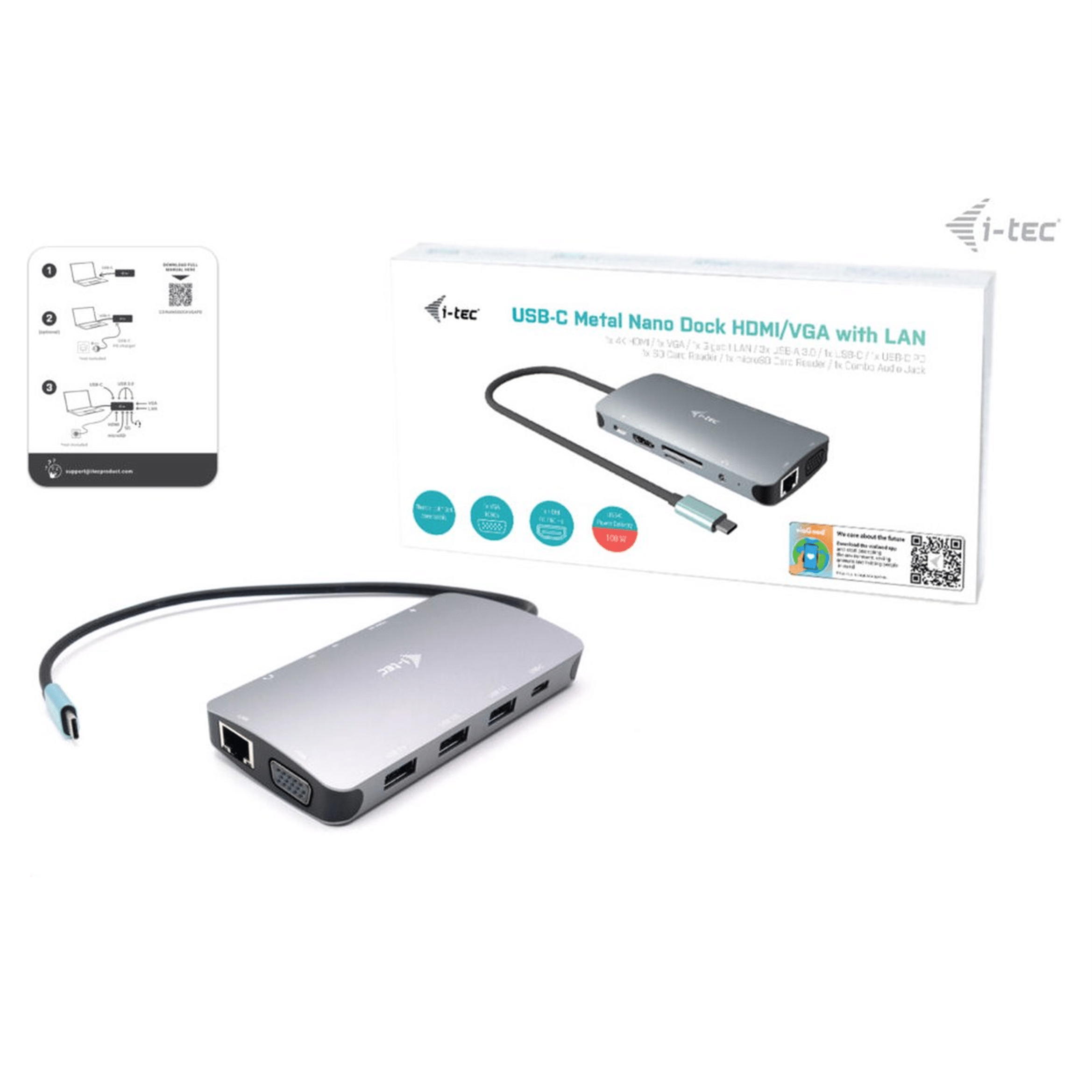 Grauer USB-C Dockingstation mit Kabel, Ports und Verpackung.