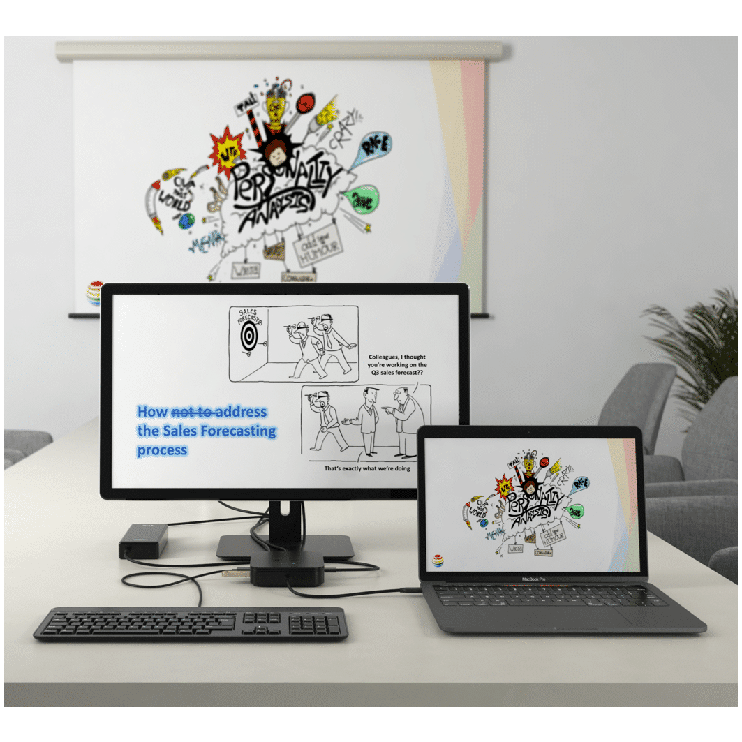 Desk setup with monitors, laptop, keyboard, and a whiteboard with drawings.