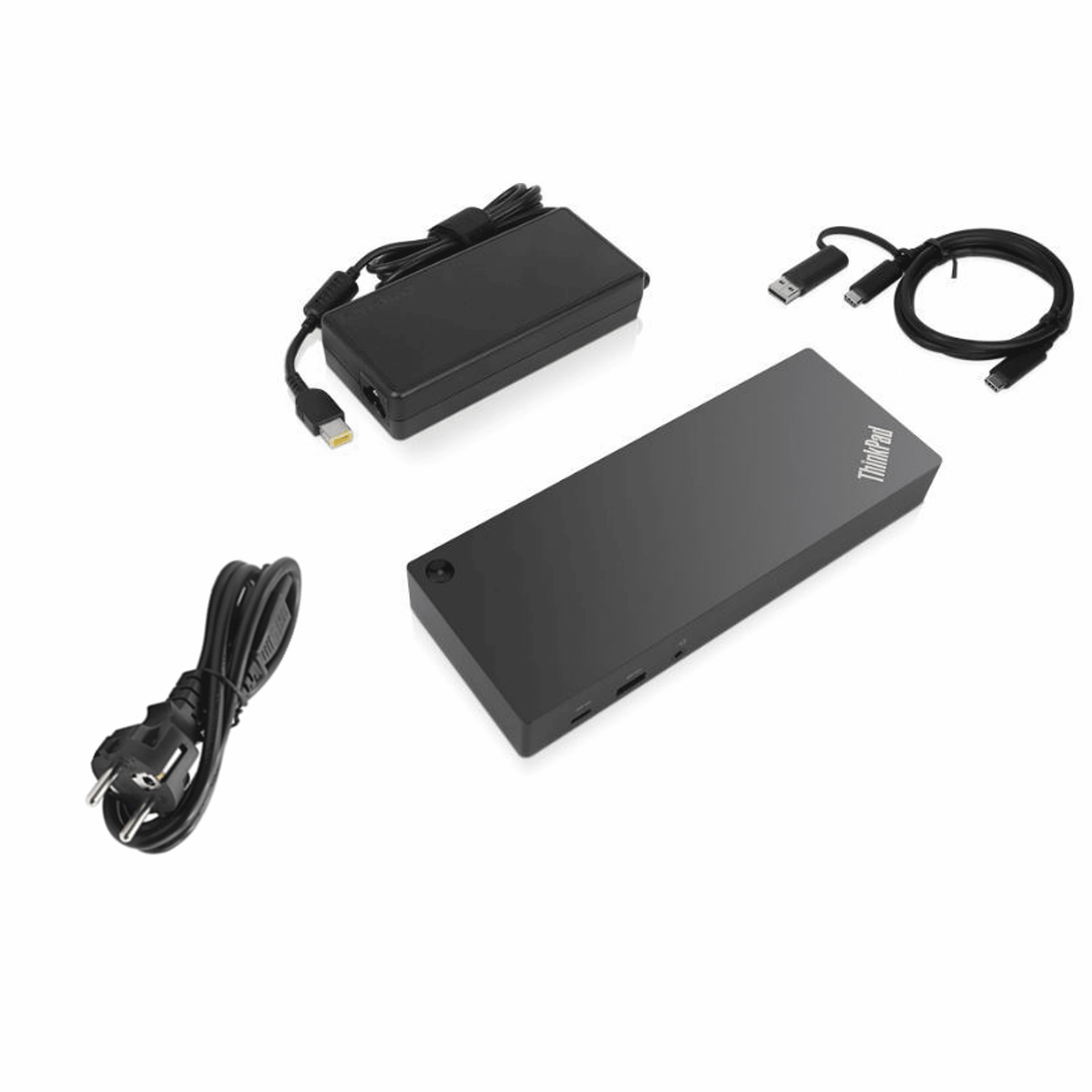 Schwarzes ThinkPad Docking-Netzteil mit Kabeln und Stromkabel.