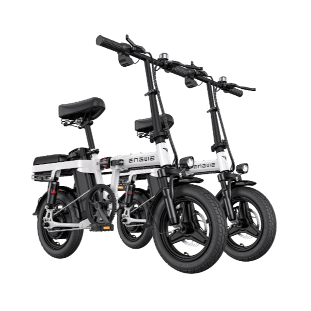 Due biciclette elettriche pieghevoli bianche con sedili e pneumatici neri.