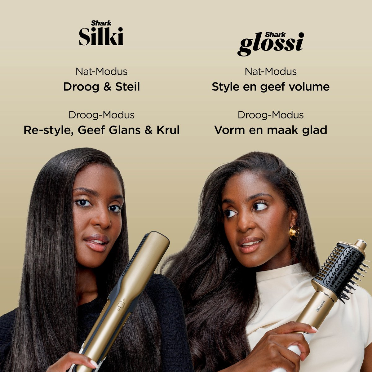 Due donne con capelli lunghi tengono una piastra e una spazzola arricciacapelli su sfondo beige.