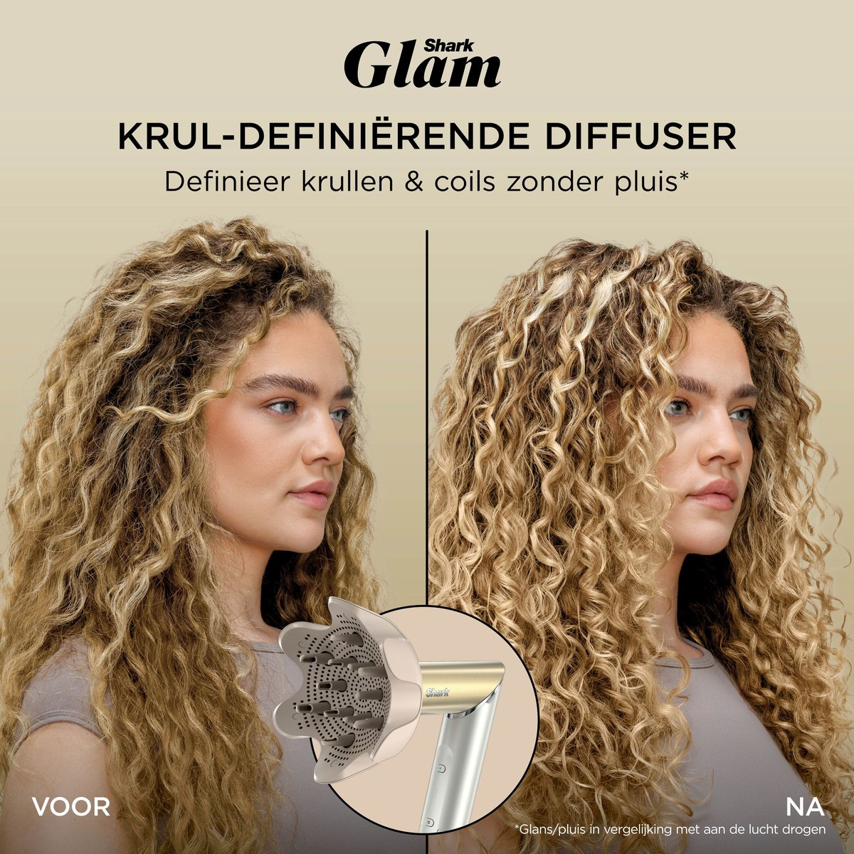 Confronto prima/dopo di una donna con capelli ricci, con e senza diffusore.