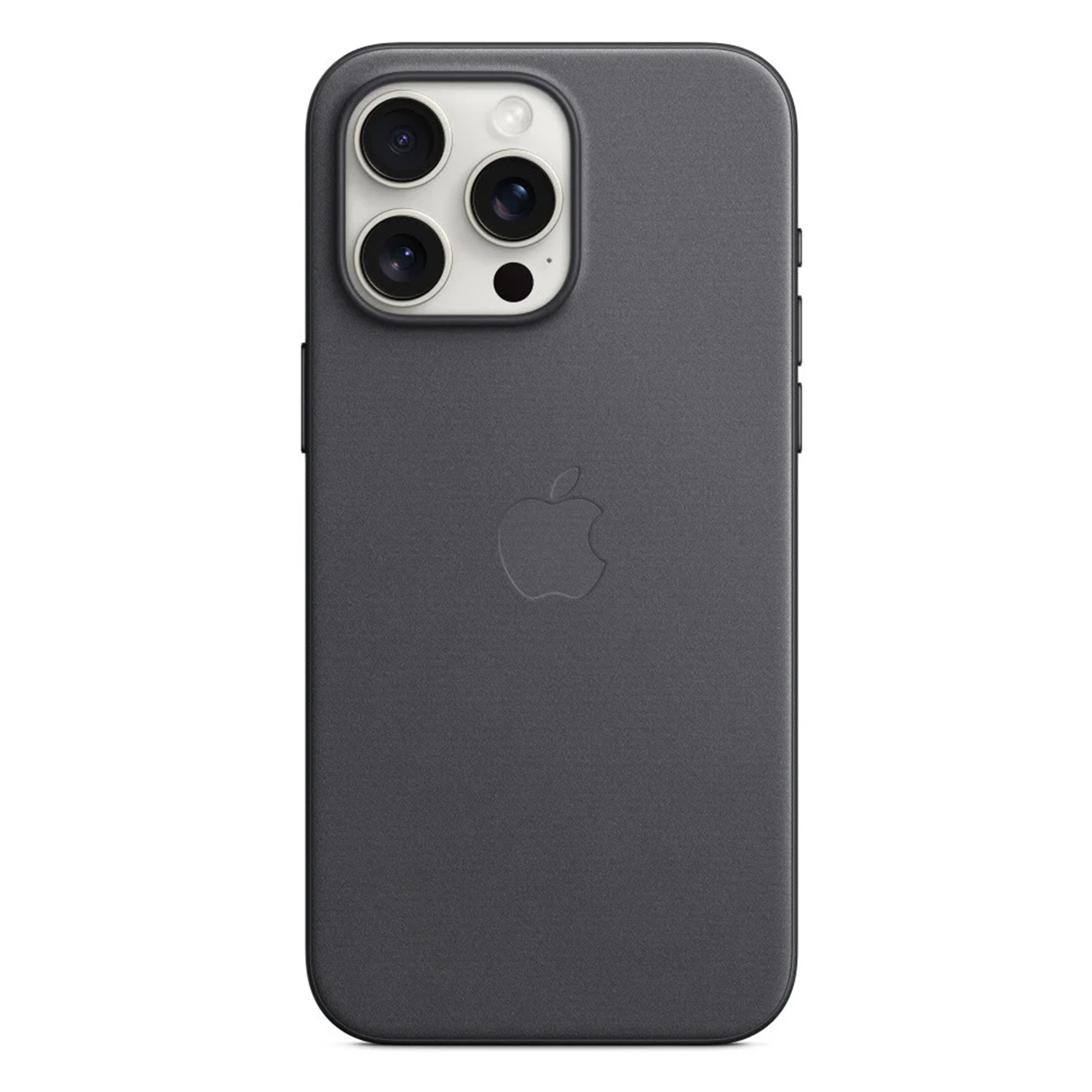 Donkergrijs telefoonhoesje met Apple logo en cameralenzen.