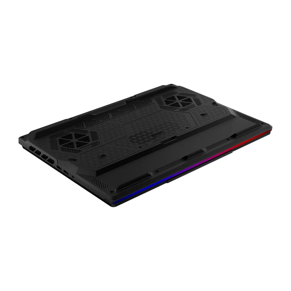 Alttan görünen siyah dizüstü bilgisayar, havalandırma delikleri ve yan RGB aydınlatma.