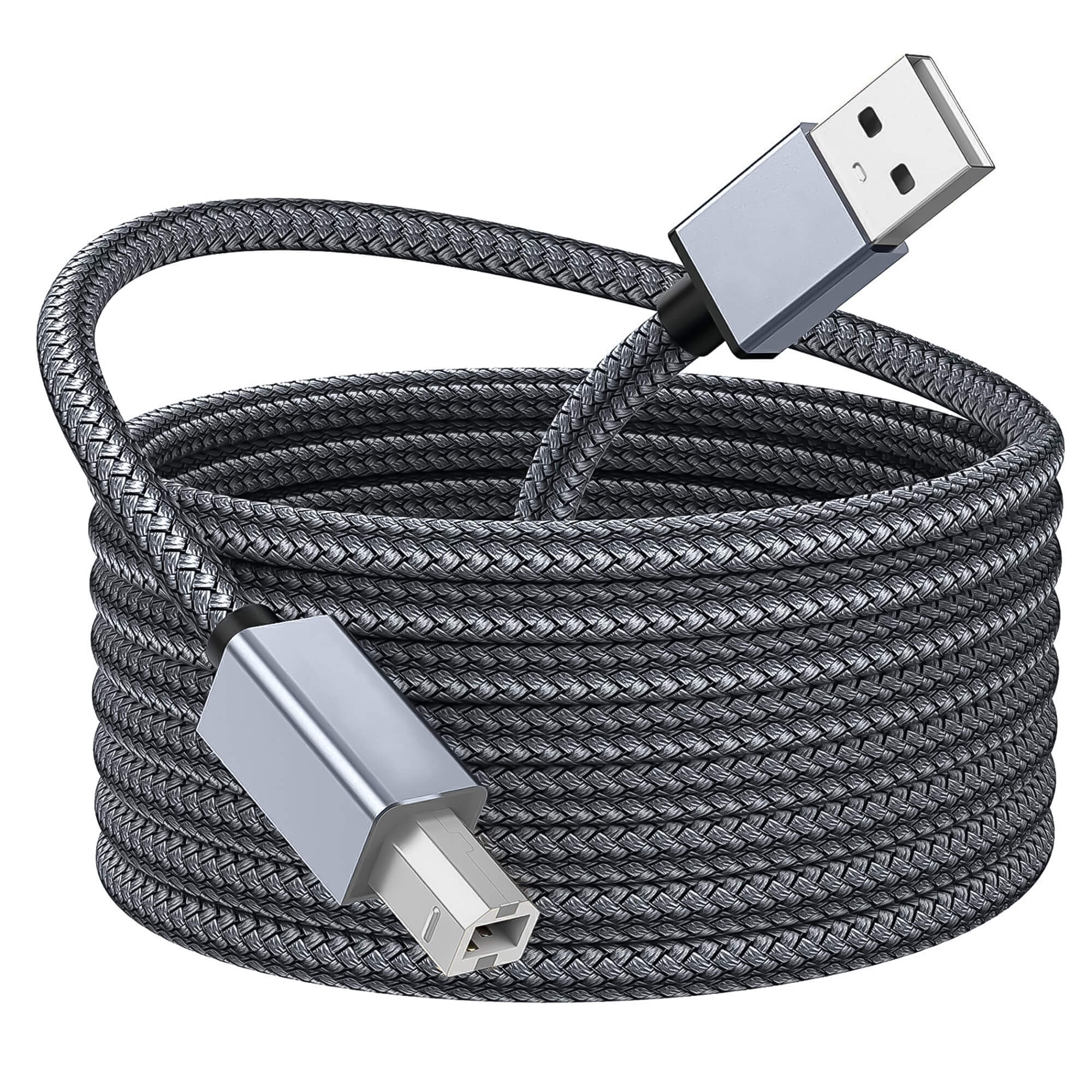 Szary, pleciony kabel USB ze srebrnymi złączami, zwinięty.