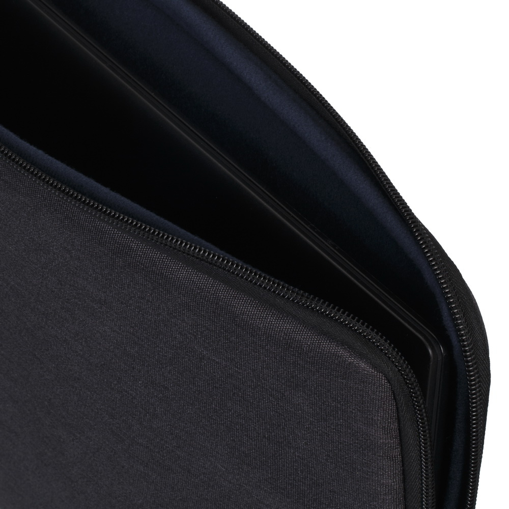 Black laptop sleeve, unzipped, showing dark blue interior lining.