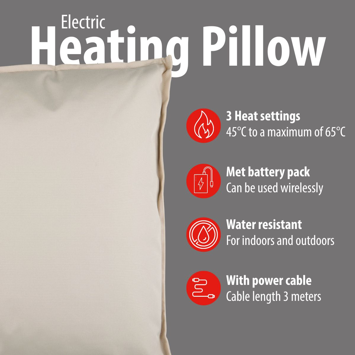 Electric heating pillow: 3 heat settings, battery, water-resistant, 3m cable.